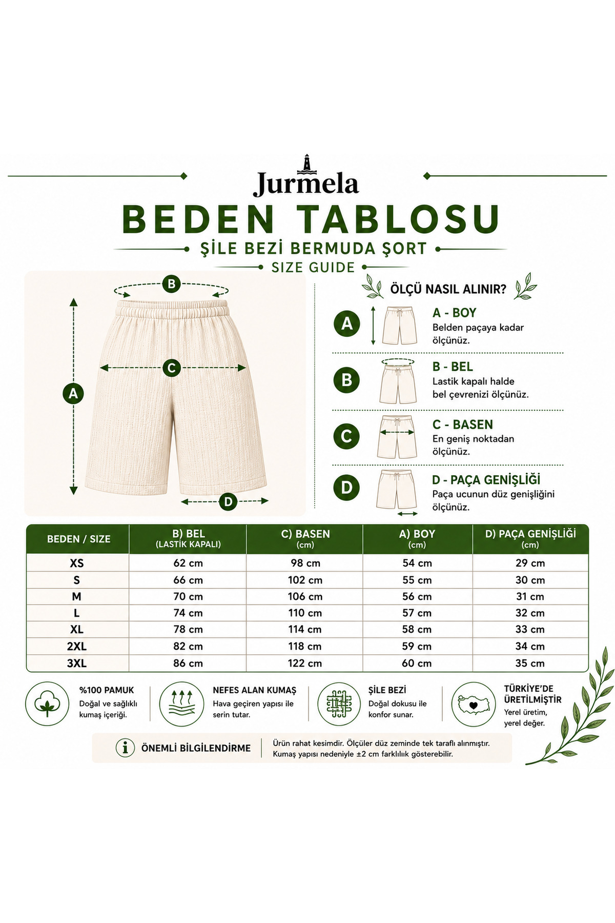 Jurmela Şile Bezi Pamuk Rahat Kesim Beli Lastikli Jüpon Bermuda Şort-Pantolon Astarı görsel 8