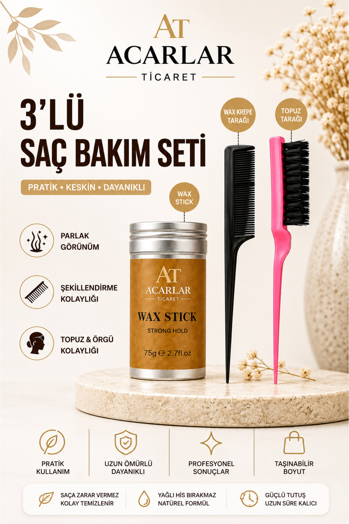 AcarlarTicaret Stick Wax Topuz Fırçası Krepe Tarağı 3Lü