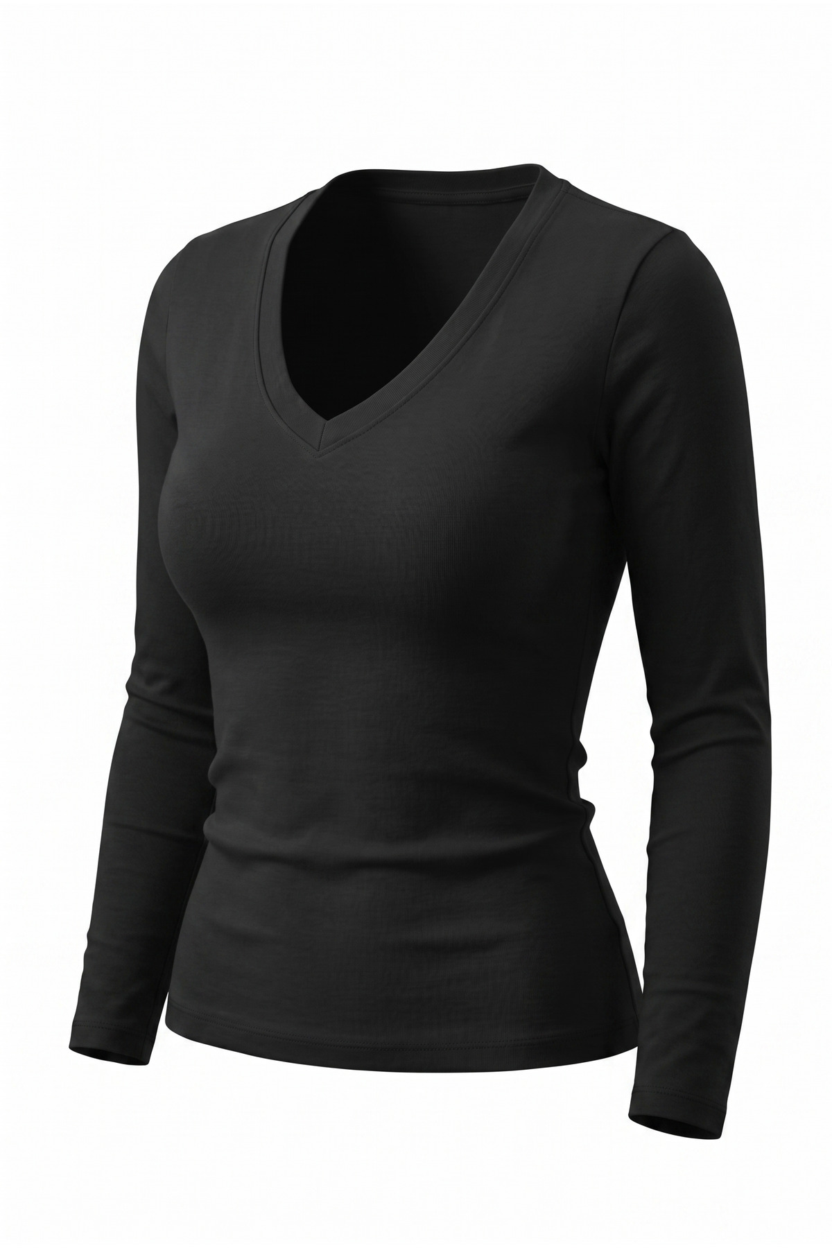 Nuzrk kids Kadın Siyah Pamuklu Ultra Soft Vücudu Saran Esnek Slim Fit Uzun Kollu Likralı V Yaka Basic Bluz T-Shirt