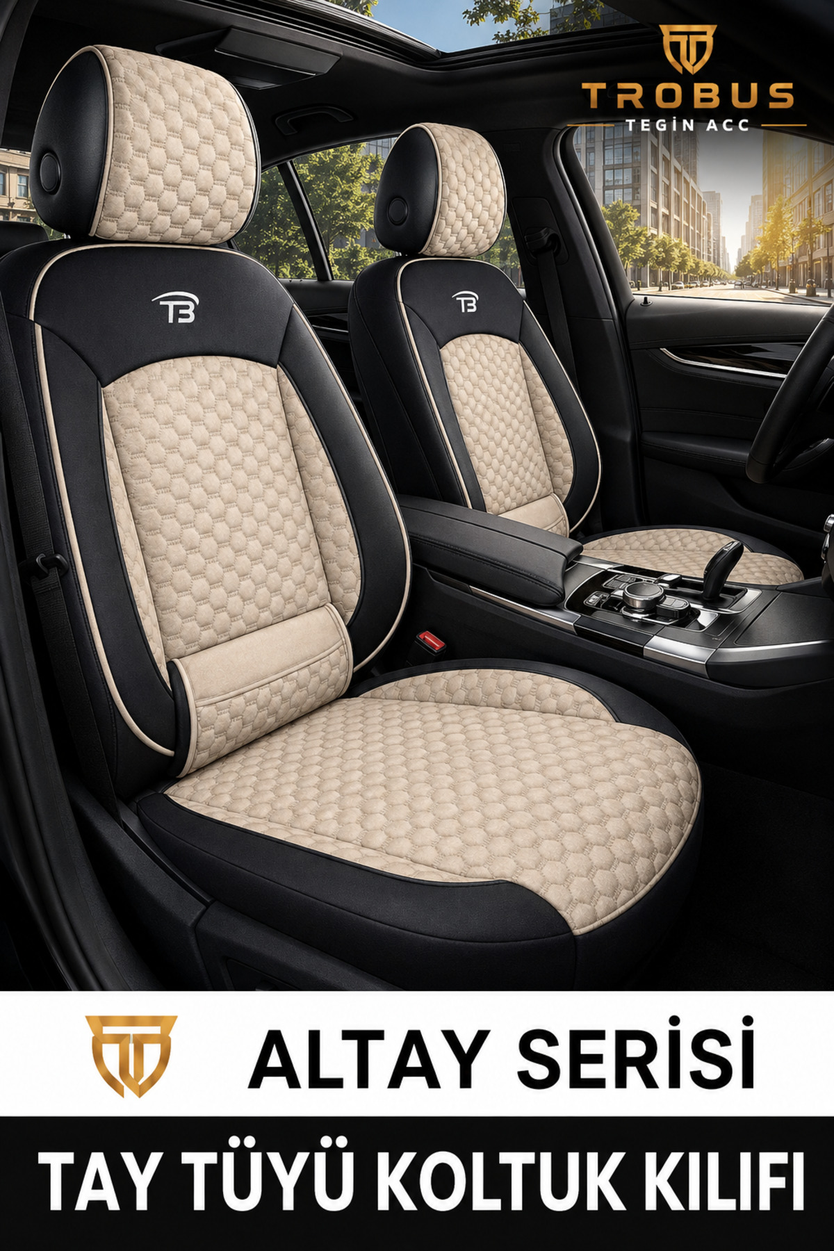 Suzuki Baleno 2016 ve Sonrası - Altay Serisi Bel Destekli Koltuk Kılıfı (Ön+Arka) - Bej Siyah