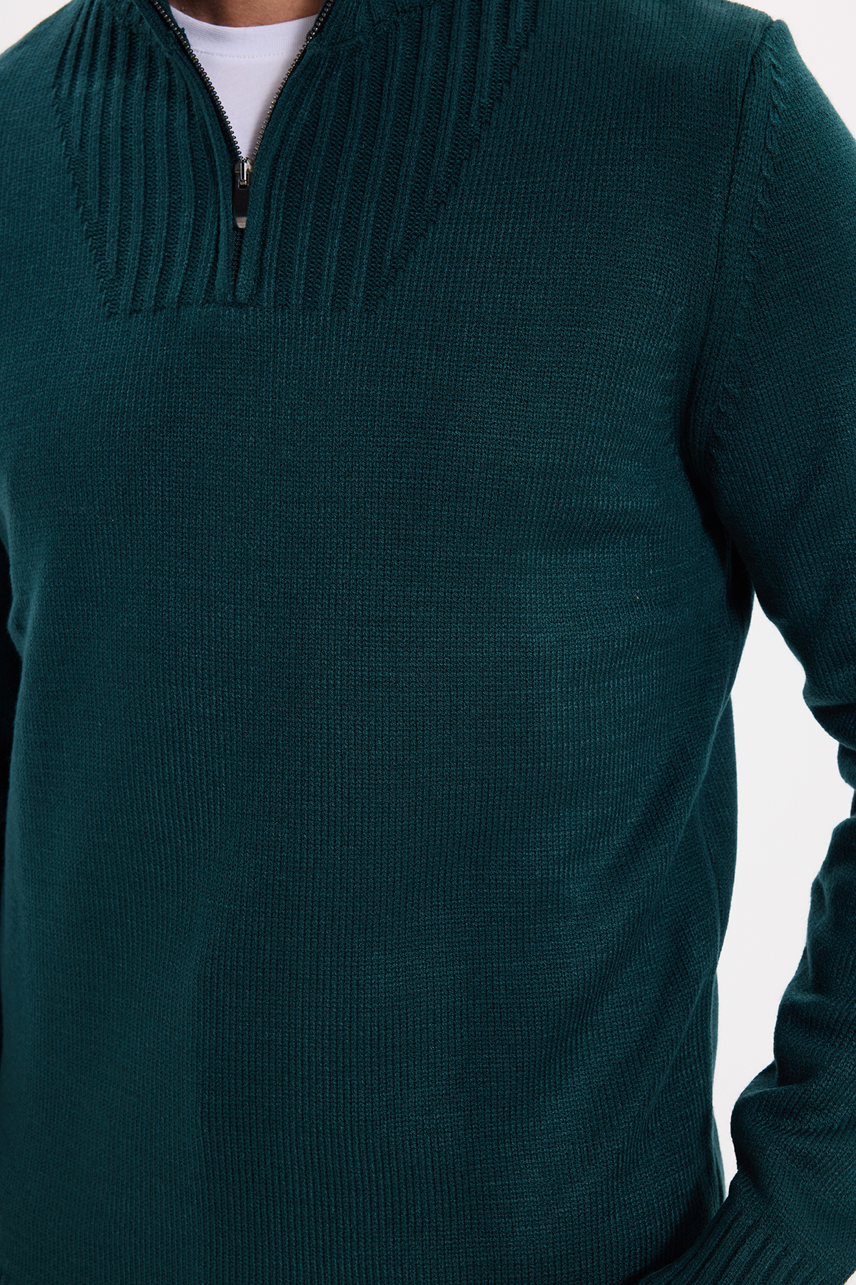 Erkek Slim Fit Dar Kesim Armürlü Fermuarlı Yeşil Dik Yaka Triko Kazak — سبز KZ230014-02 — تصویر 5 از 9