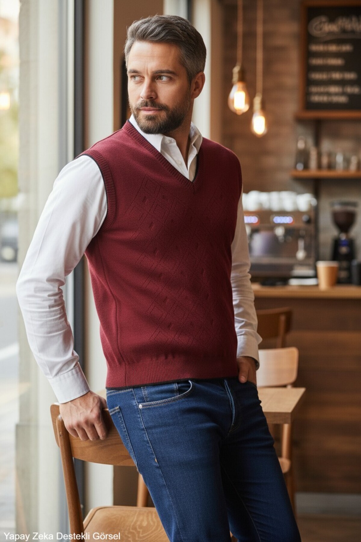 Erkek Bordo Tüylenme Yapmayan Anti Pilling Kumaş Standart Fit Normal Kesim V Yaka Triko Süveter