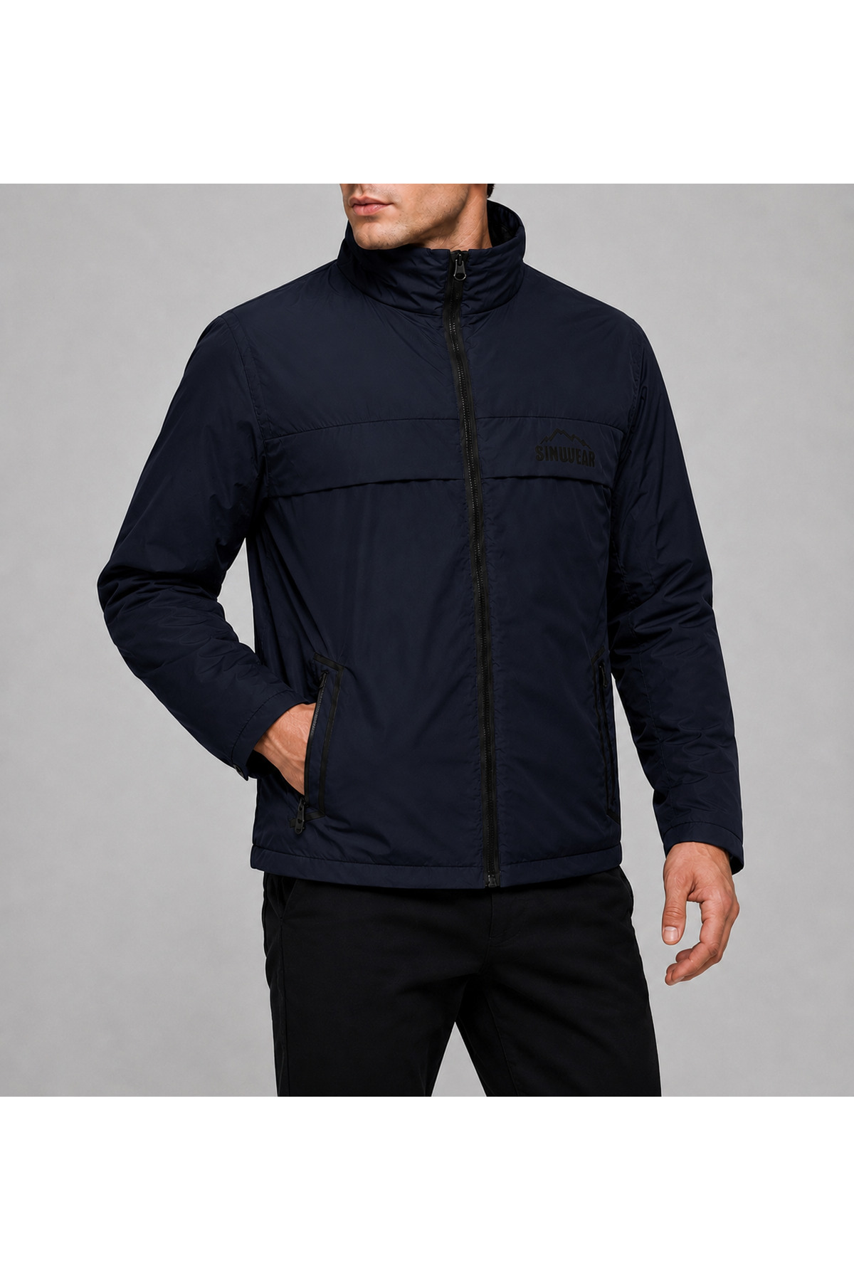 Sınwear Erkek Lacivert Baharlık Su ve Rüzgar Geçirmez Mont Dik Yaka Mevsimlik Fermuarlı Spor Outdoor Ceket görsel 5