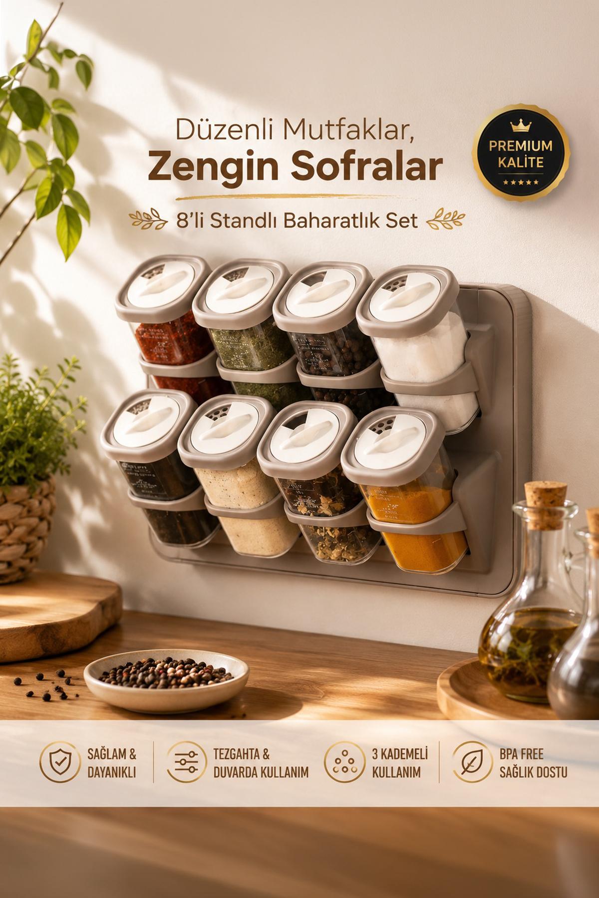 Porsima 5340 8-Piece Labeled Hanging Self-Adhesive Countertop Stand Spice Rack Set with Rotating Lid