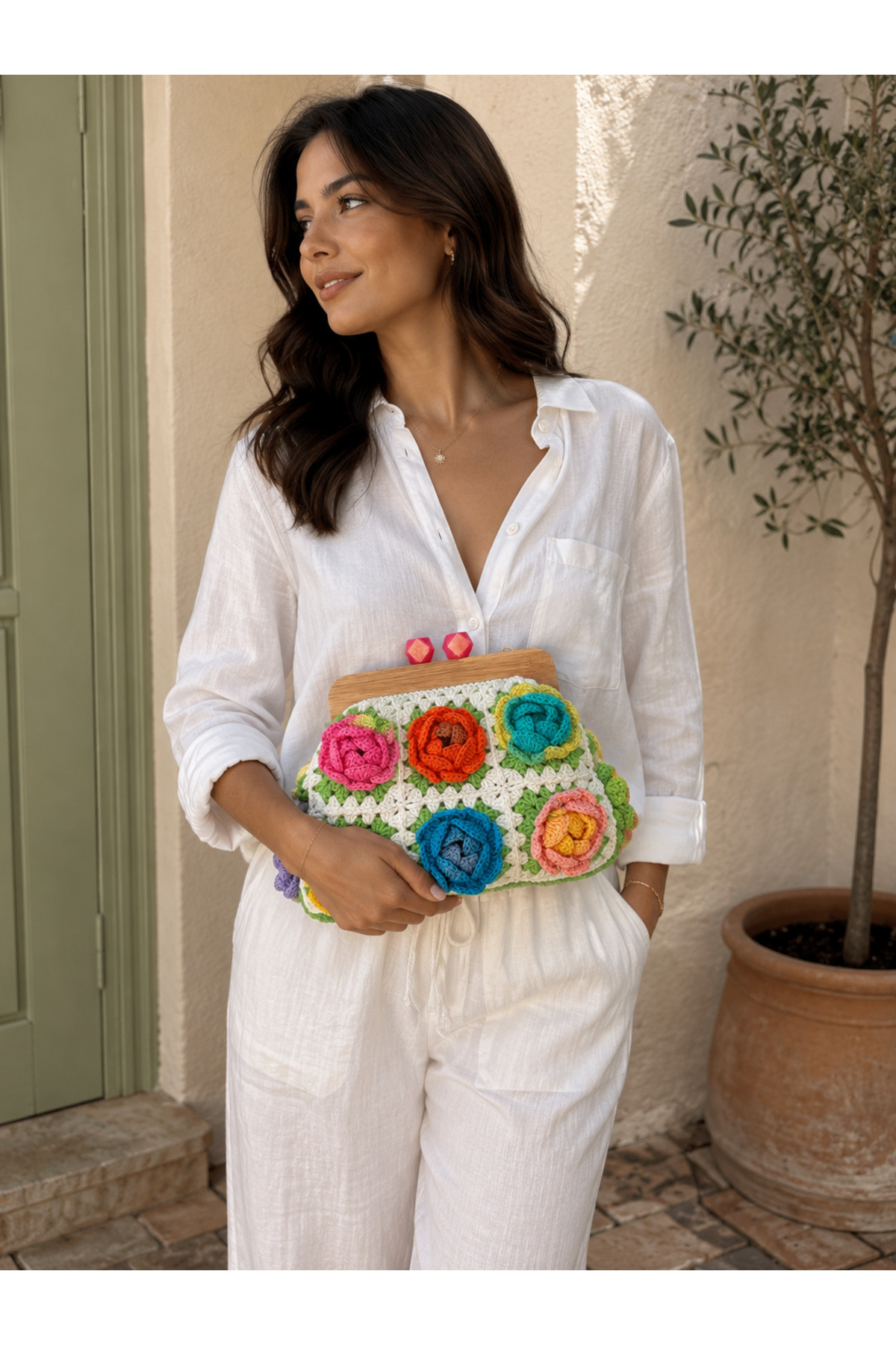 Satürn Hobi Örgü Ahşap Burslu Gül Motifli Clutch Çanta görsel 4