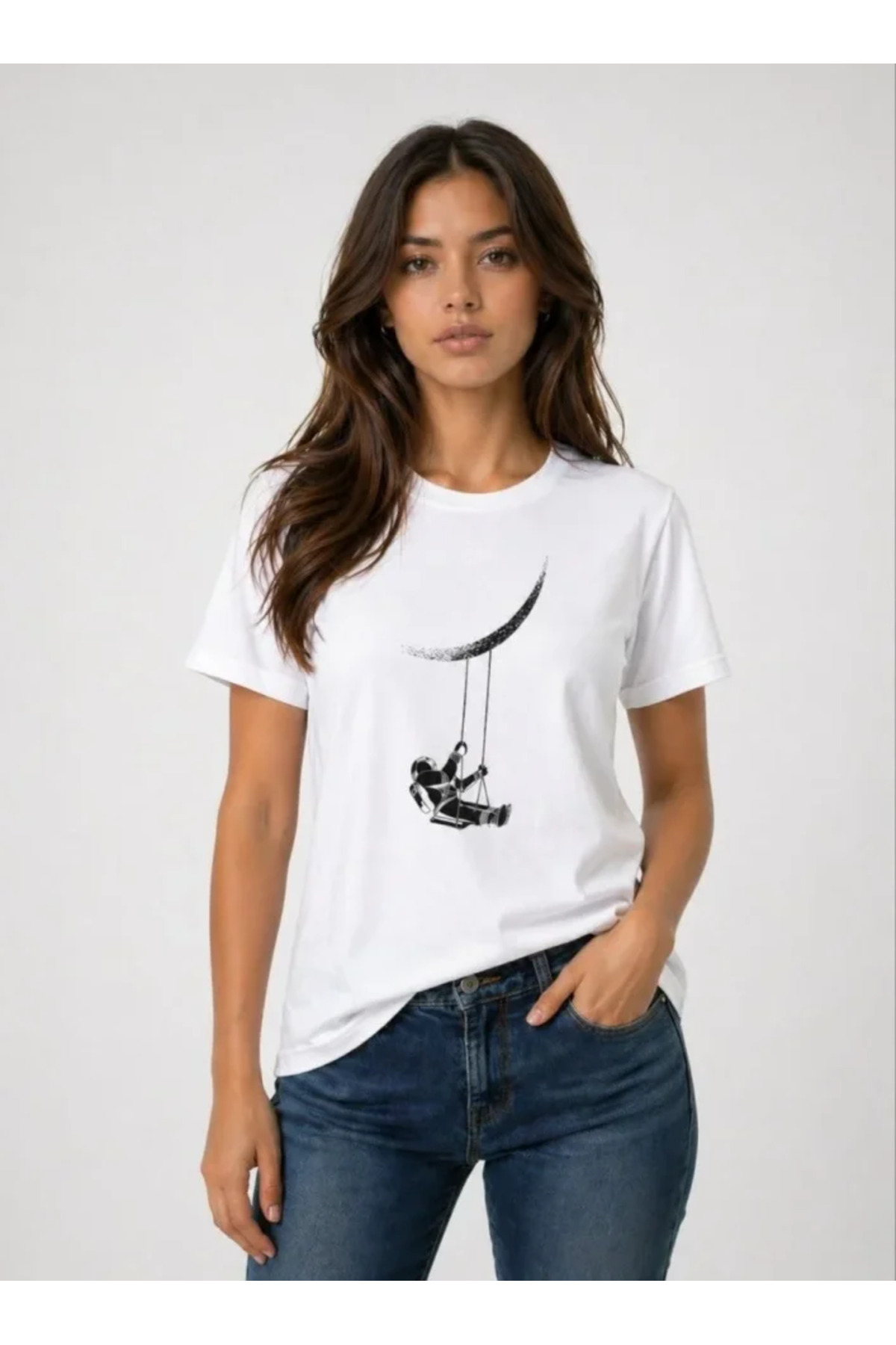 Astronot Ay Temalı Tişört Kısa Kol Yazlık Bisiklet Yaka T-Shirt - Beyaz alternatif görünüm