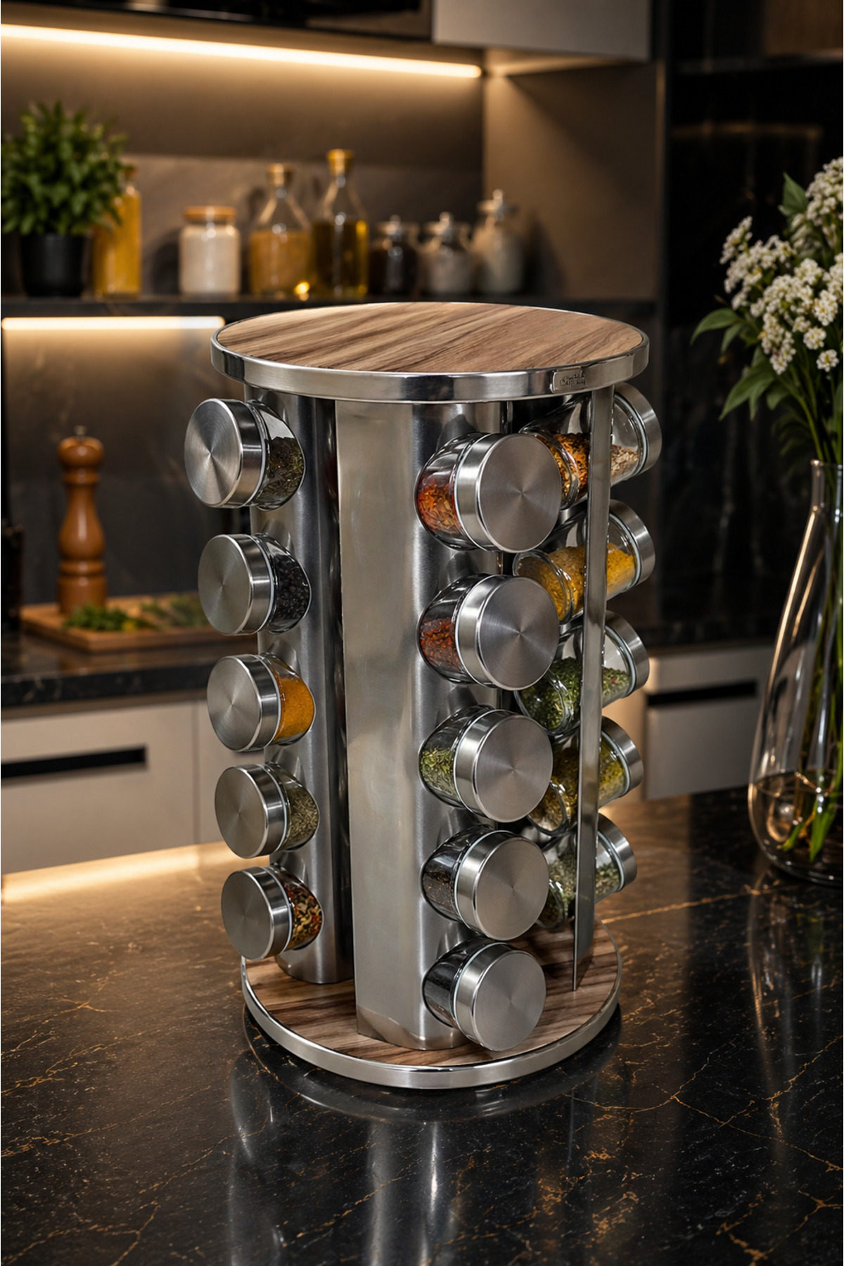 20-Piece Wooden Patterned Chrome Round 360° Spice Glass Jar Set with Rotating Stand 118 ml