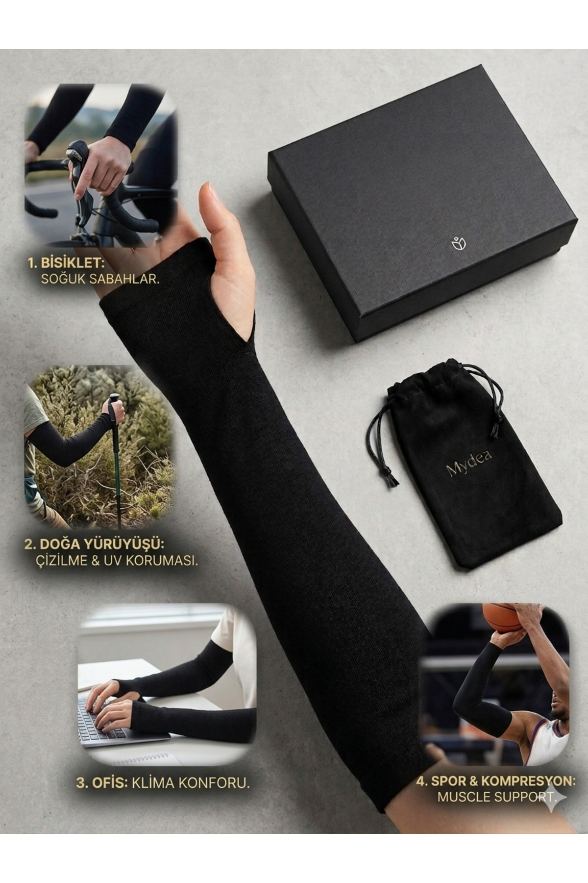 myDea Siyah Parmak Geçmeli Kolluk Kol Uzatıcı, Esnek, Terletmeyen Tesettür & Spor Kullanım Paket İçeriği Çift El görsel 2