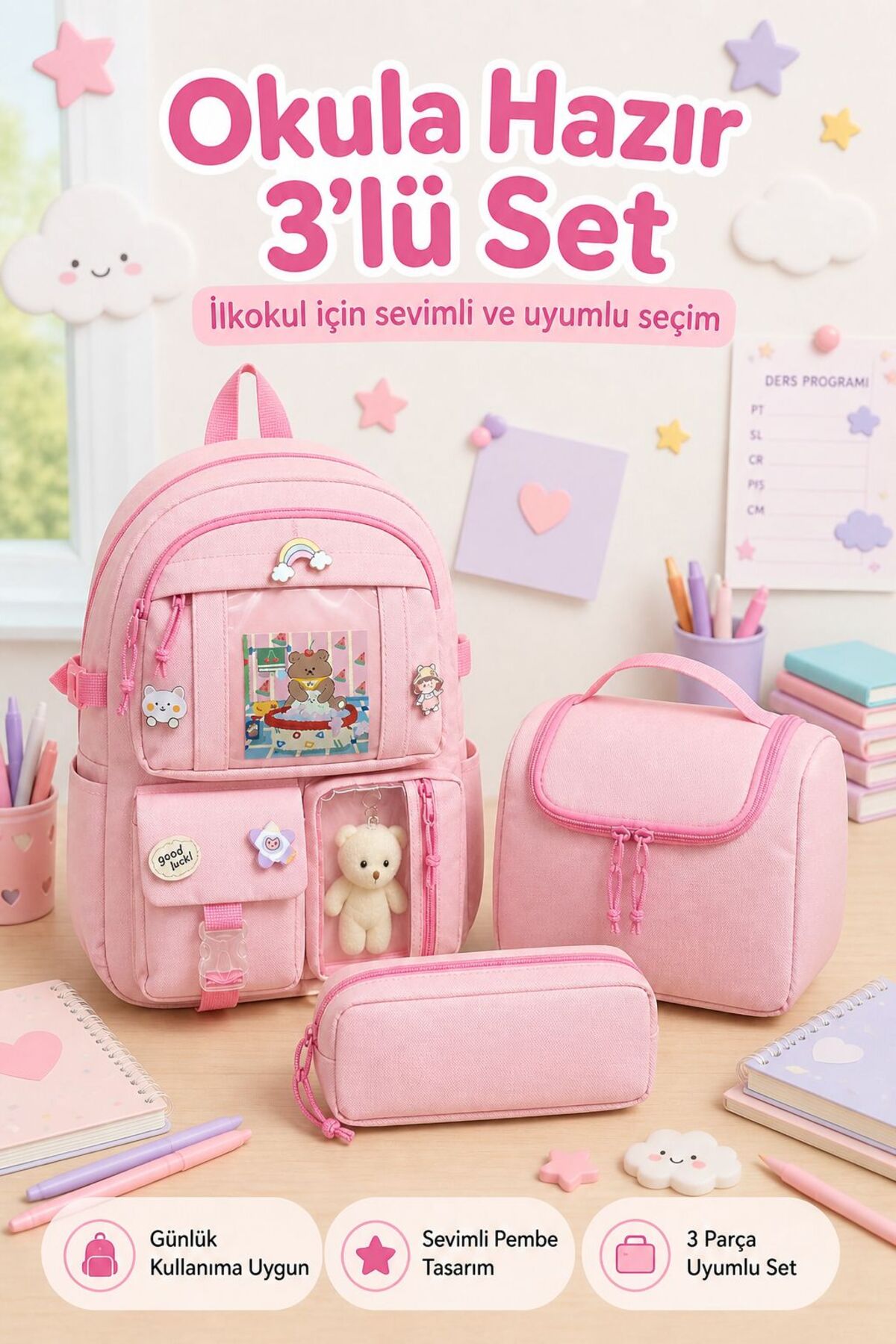 Freedom Korean Model 3-Piece Primary School Bag Set, Backpack + Lunch Box + P...
