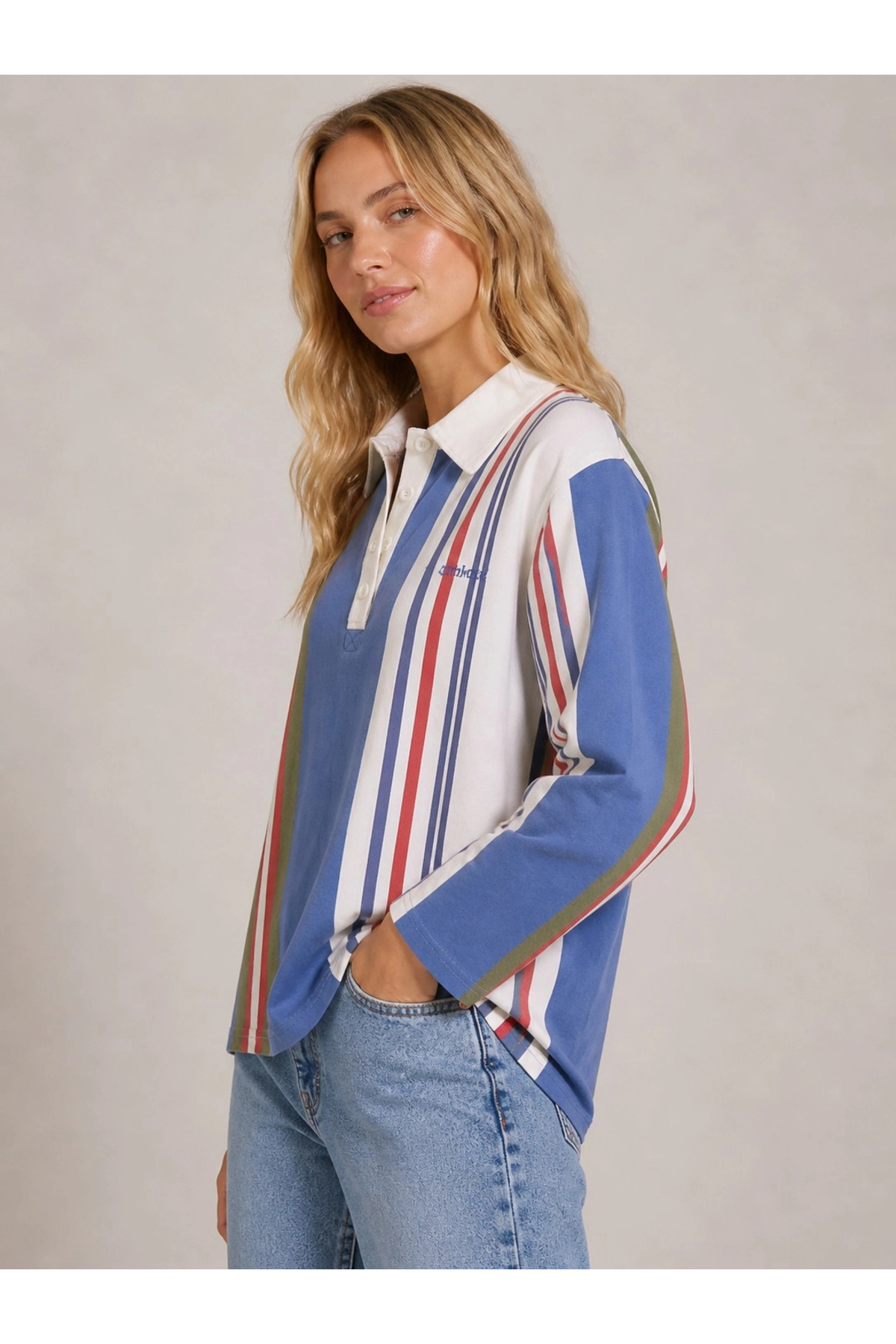 Akabi Online Kadın %100 Pamuk Oversize Çizgili Polo Yaka Uzun Kollu Yıkamalı Sweatshirt görsel 3