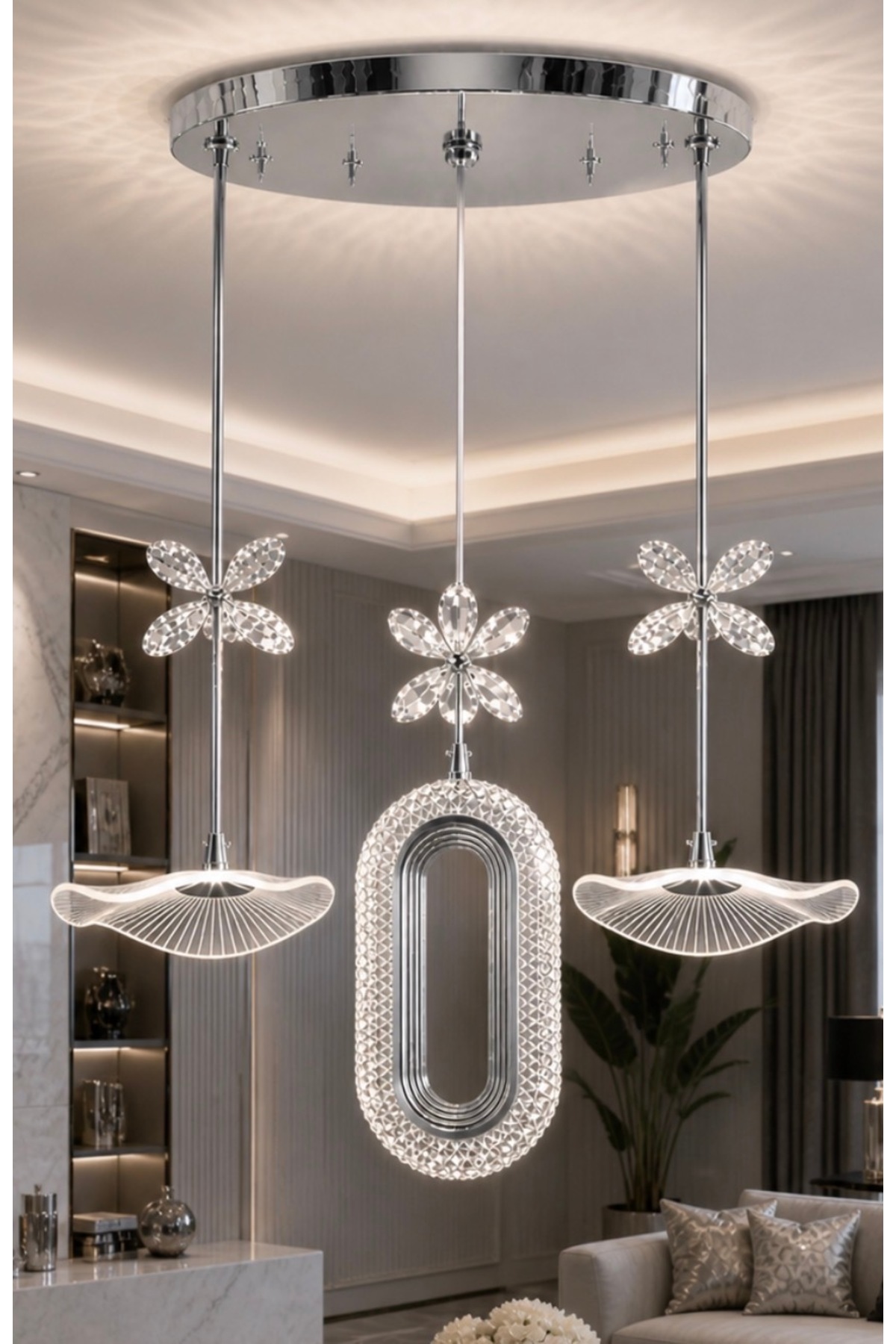 burenze Beykoz Üçlü Sarkıt Avize Power Ledli Salon Oturma Odası