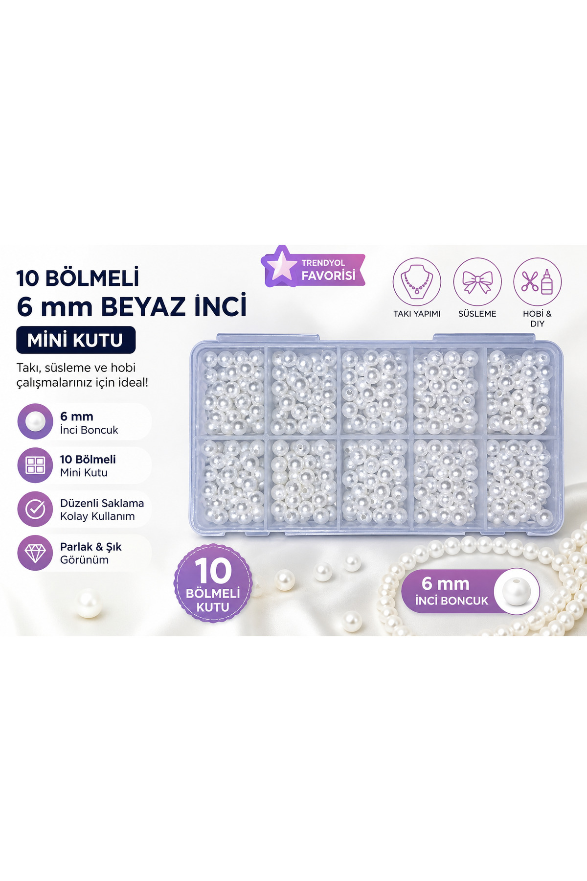 By MO Accessories 10 Bölmeli Mini Kutuda 6 mm İnci Boncuk Beyaz İnci ...