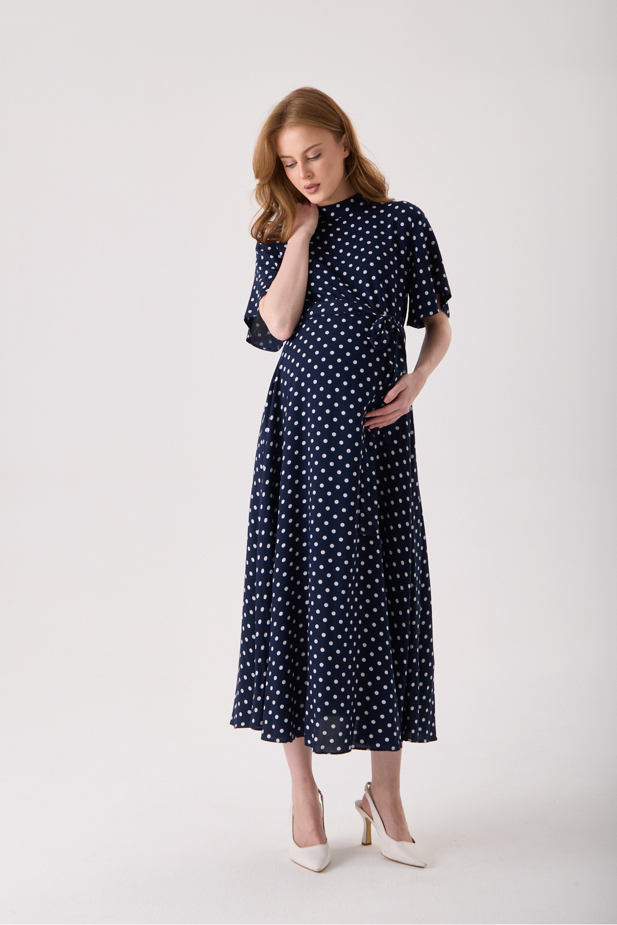 blue and white polka dot maternity dress Light Blue Polka Dot Long Sleeve Maternity Dress main image 1