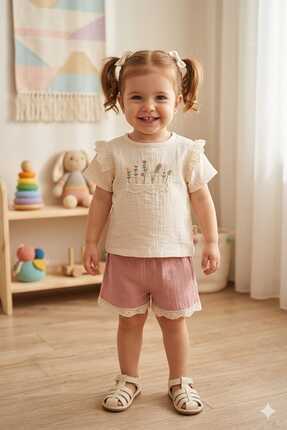 MyPrettyBaby KÜÇÜK ÇİÇEK NAKIŞLI %100 PAMUK MÜSLİN KUMAŞ DANTEL DETAYLI KIZ B...