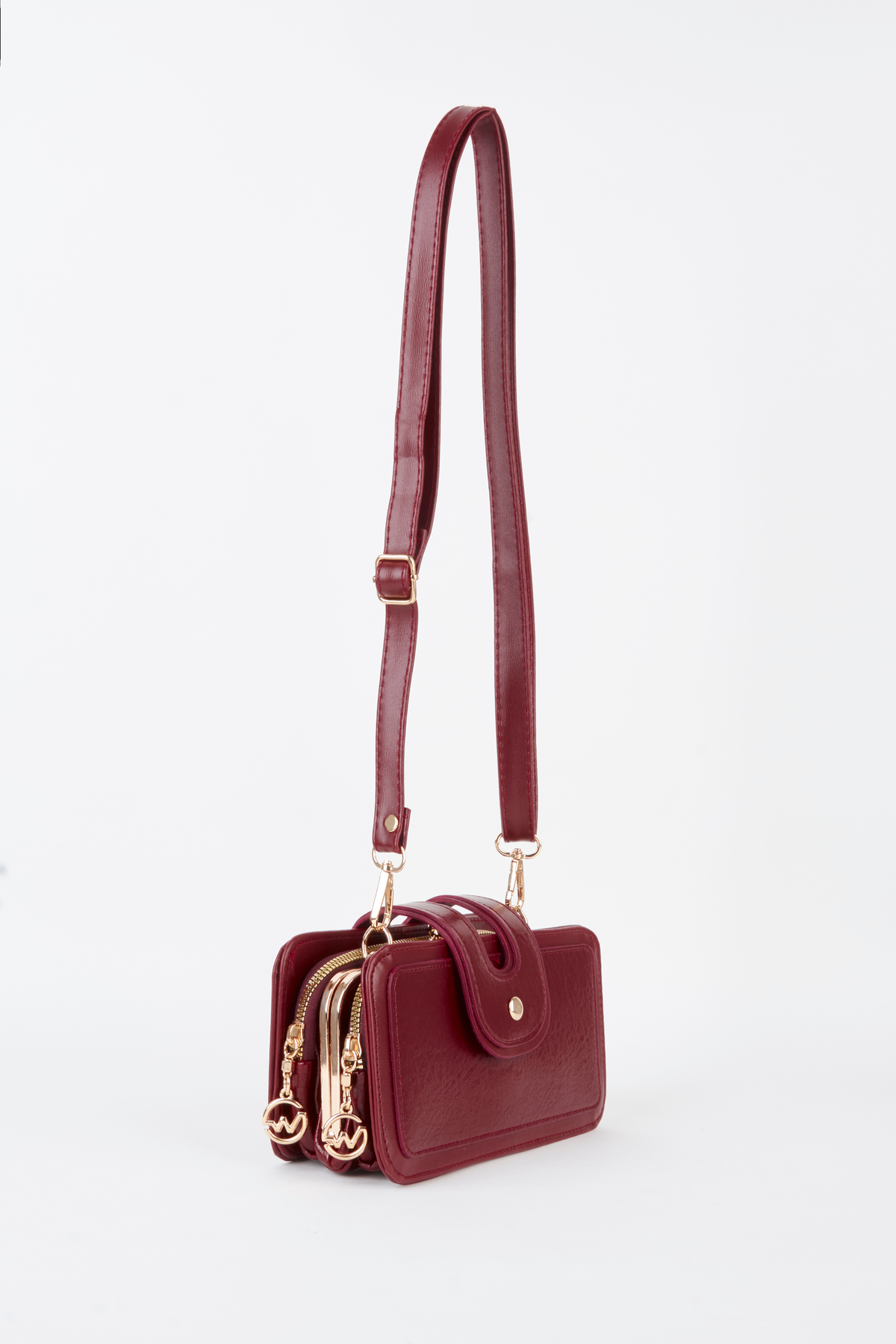 Women's Gonca Claret Red 3-Section Small Size Scholarship Zipper and Snap Closure Hand Sleeve and Shoulder Bag