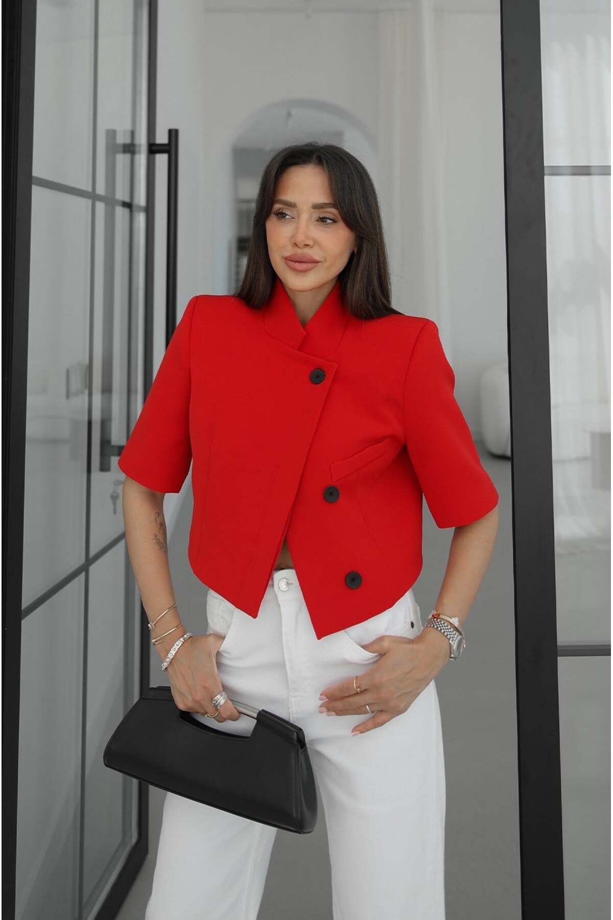 Havoş  Kırmızı Kısa Kollu Crop Blazer Ceket