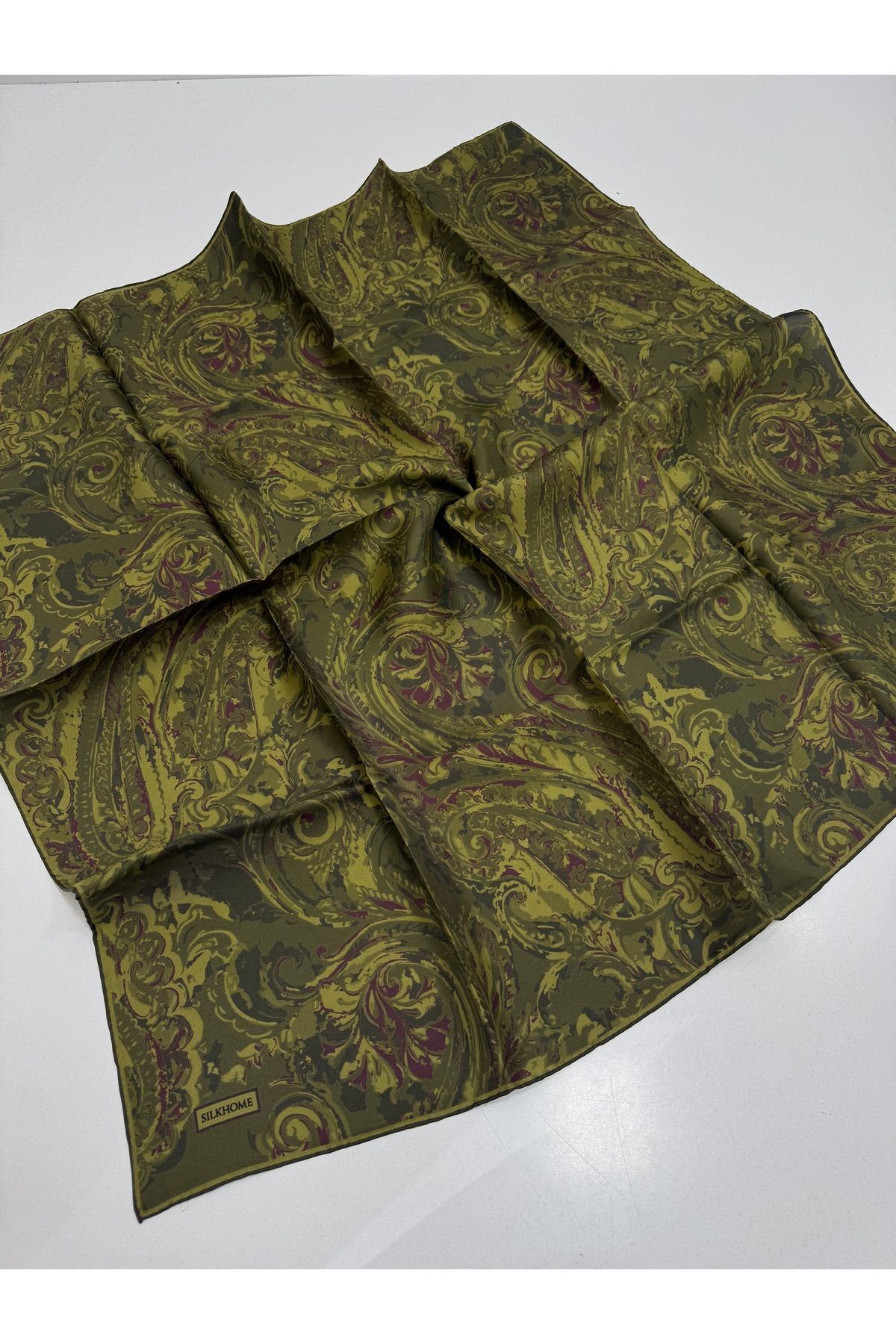 Twill Silk Scarf Royale Shawl Pattern Khaki Green and Damson 22