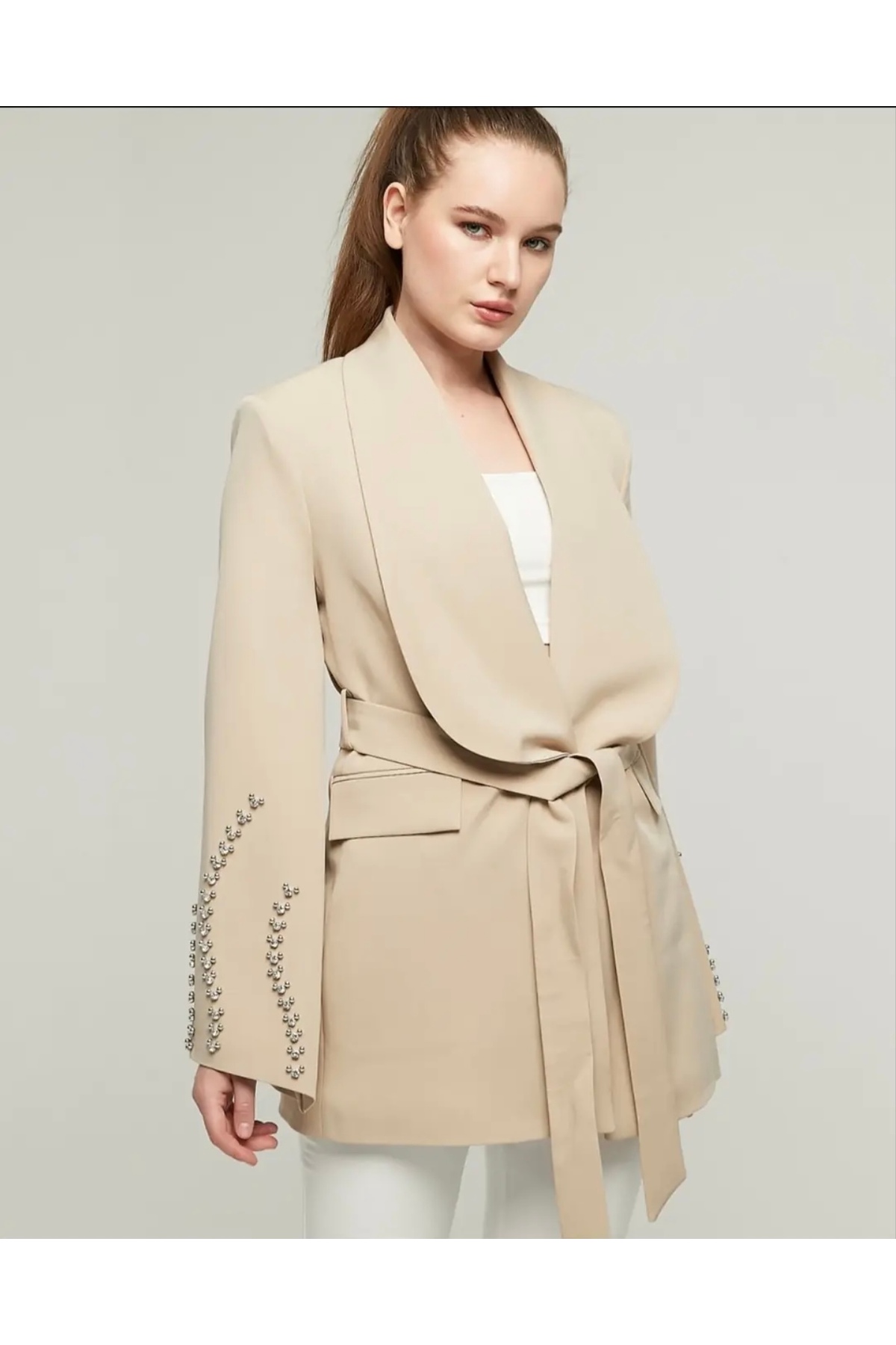 modahira  Moda Hira Kadın Taş Şerit Detaylı Bej Blazer Ceket - Görsel 2