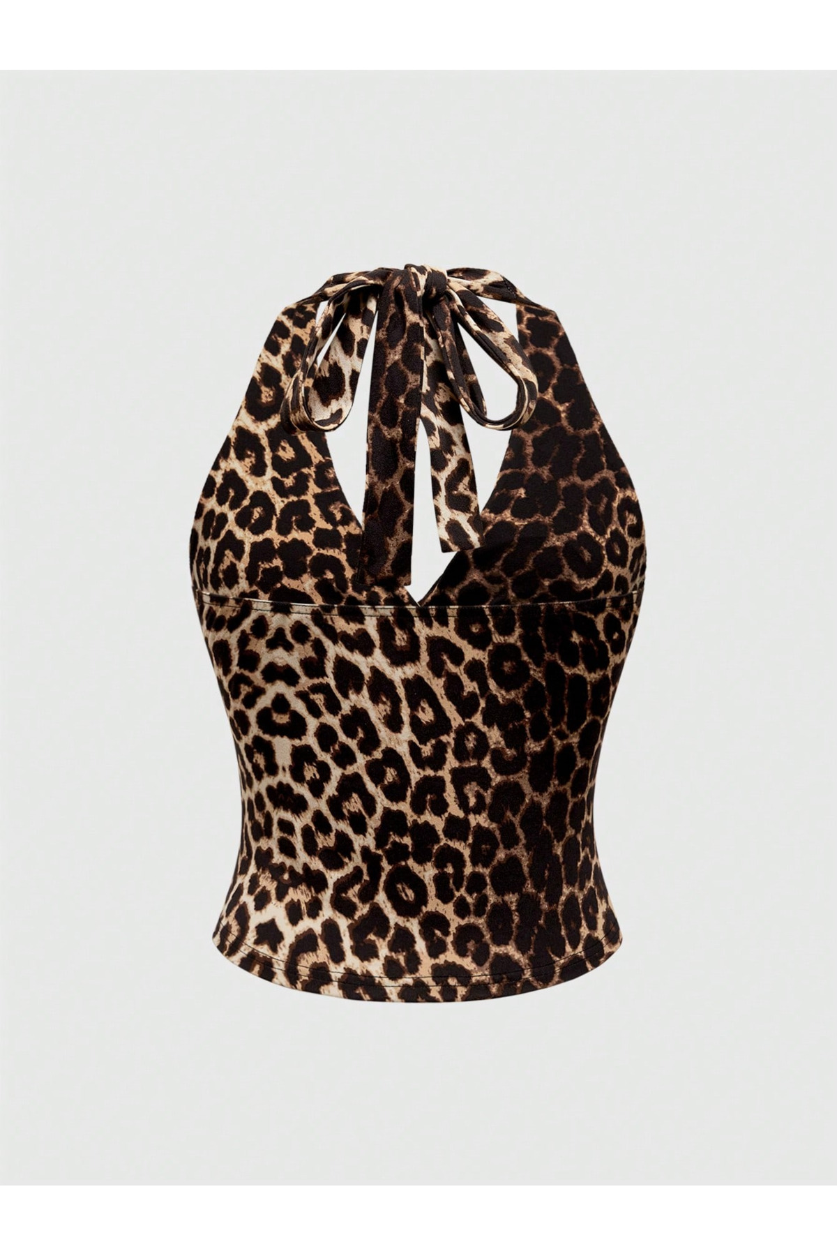 Wildco  Leopar Desenli Boyundan Bağlamalı Drapeli Crop Bluz Slim Fit Kadın Bluz - Görsel 6