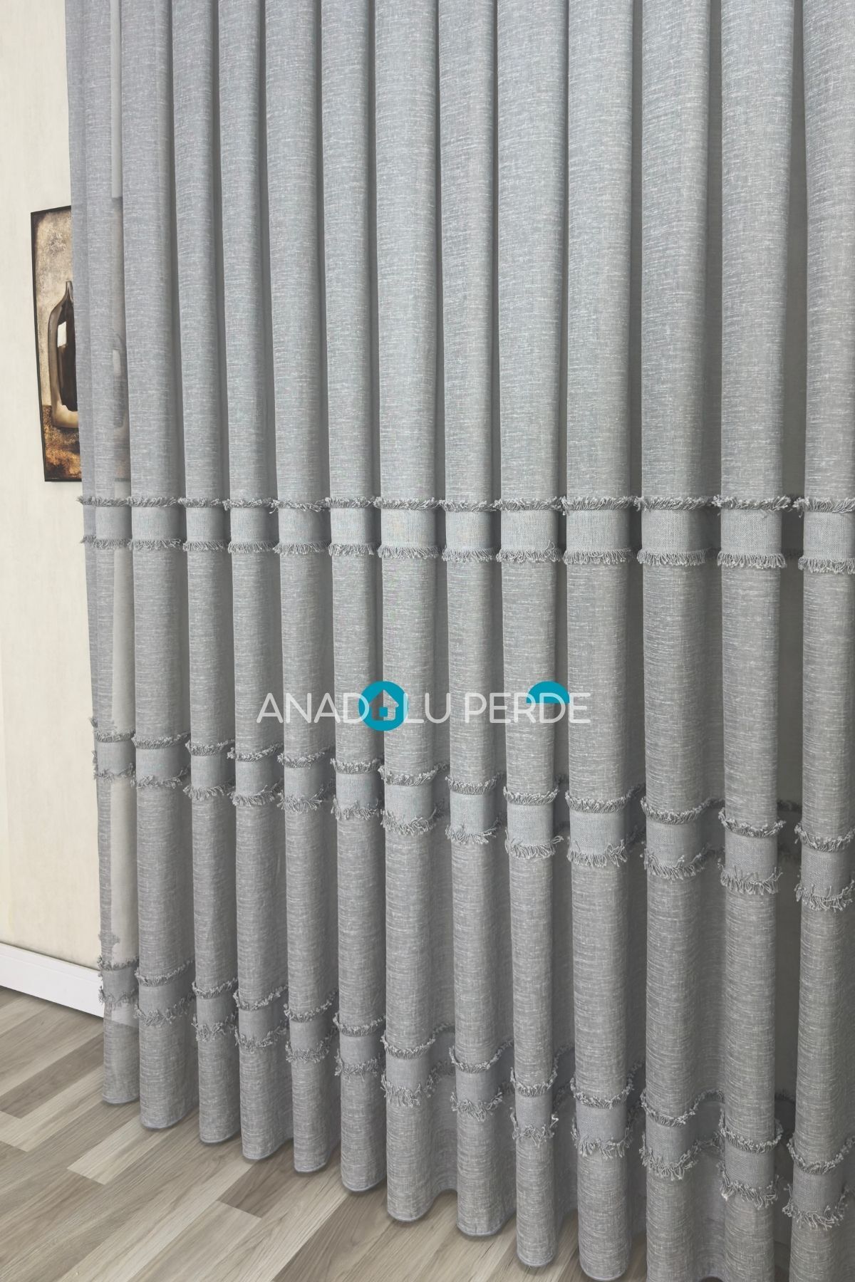 Grey Striped Linen Textured Tulle Curtain | 1/3 Frequent Pleat | Modern Living Room, Living Room Heavy Weight Leaded