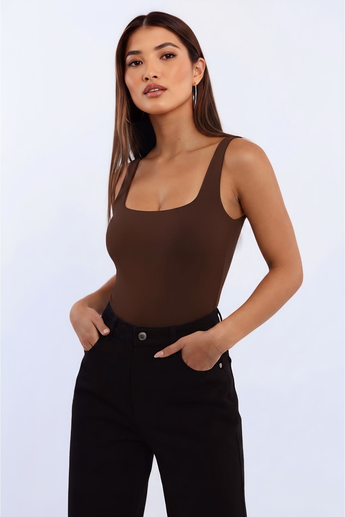 Women's Premium Square Neck Bitter Coffee Bodysuit with Snap Fastener