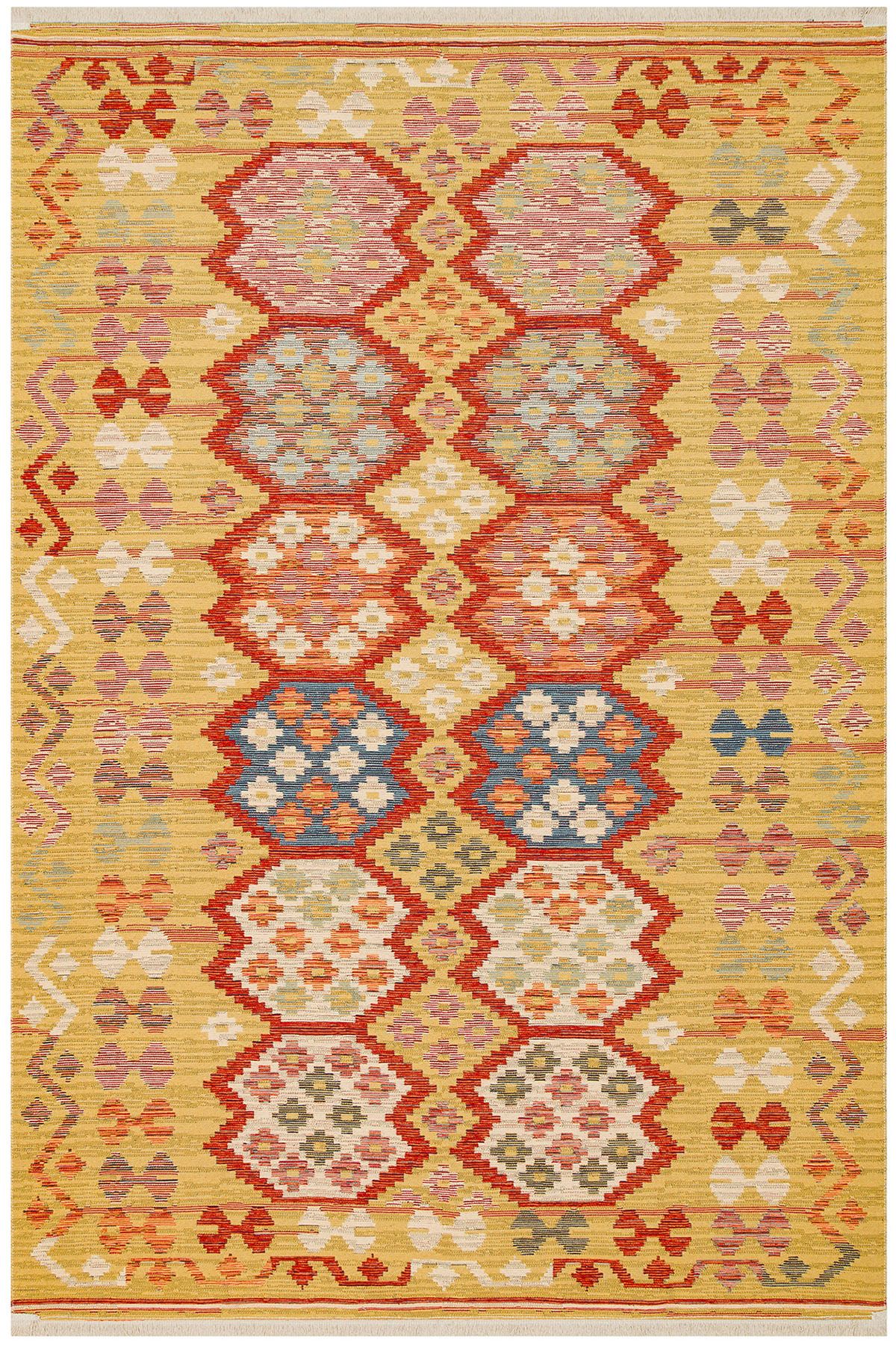Double Sided Thin Summer Balcony Kitchen Rug Suitable for Robot Vacuum Cleaner with Beykoz Gold Yellow Anatolian Motif