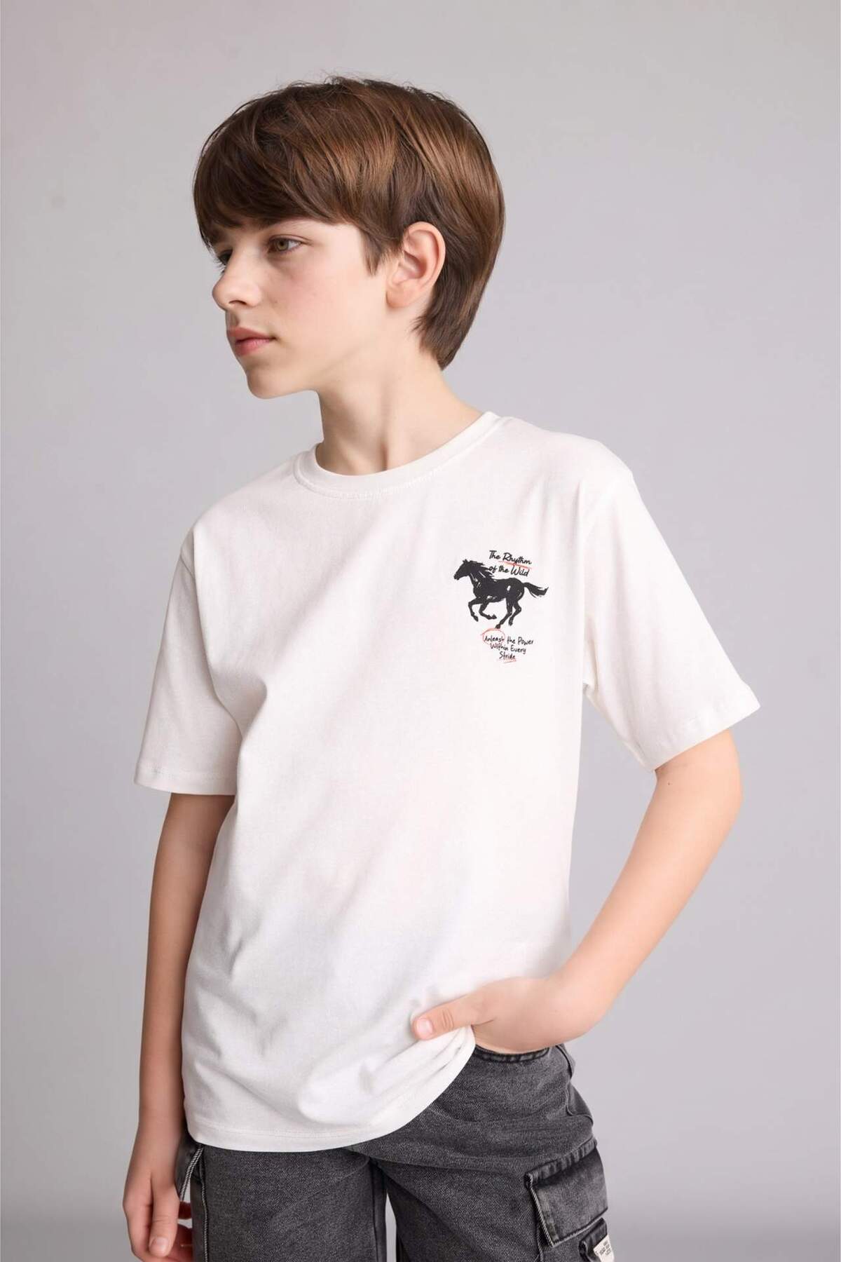Defacto 100% Cotton New Regular Fit Crew Neck Printed Short Sleeve T-Shirt Boys H6364A826Hs