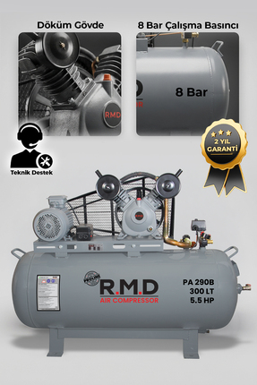 R.M.D Kompresör Hava Kompresörü Pistonlu 300 lt 2 Kafa 8 Bar 5.5 Hp I PA290B