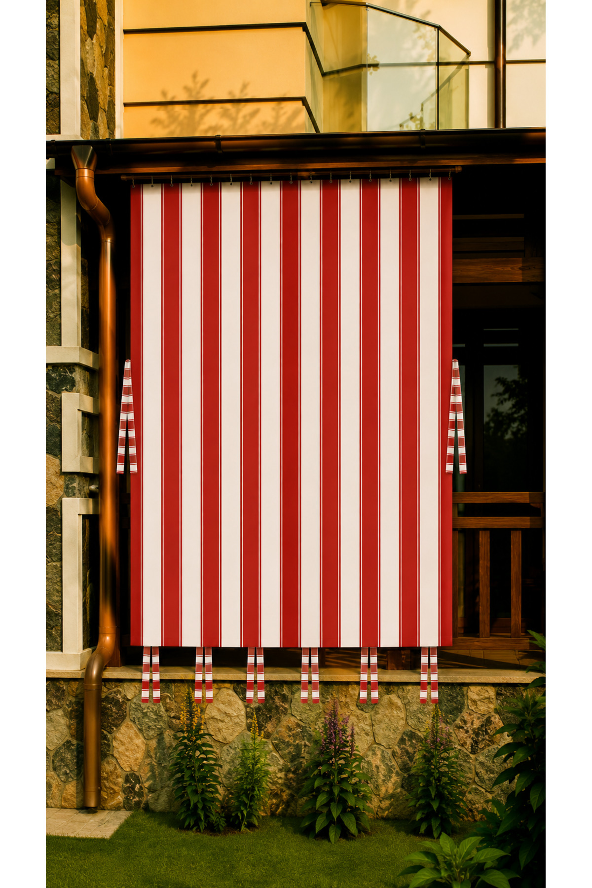 Waterproof Cornice Balcony Curtain with Decorative Stripe Model Red White