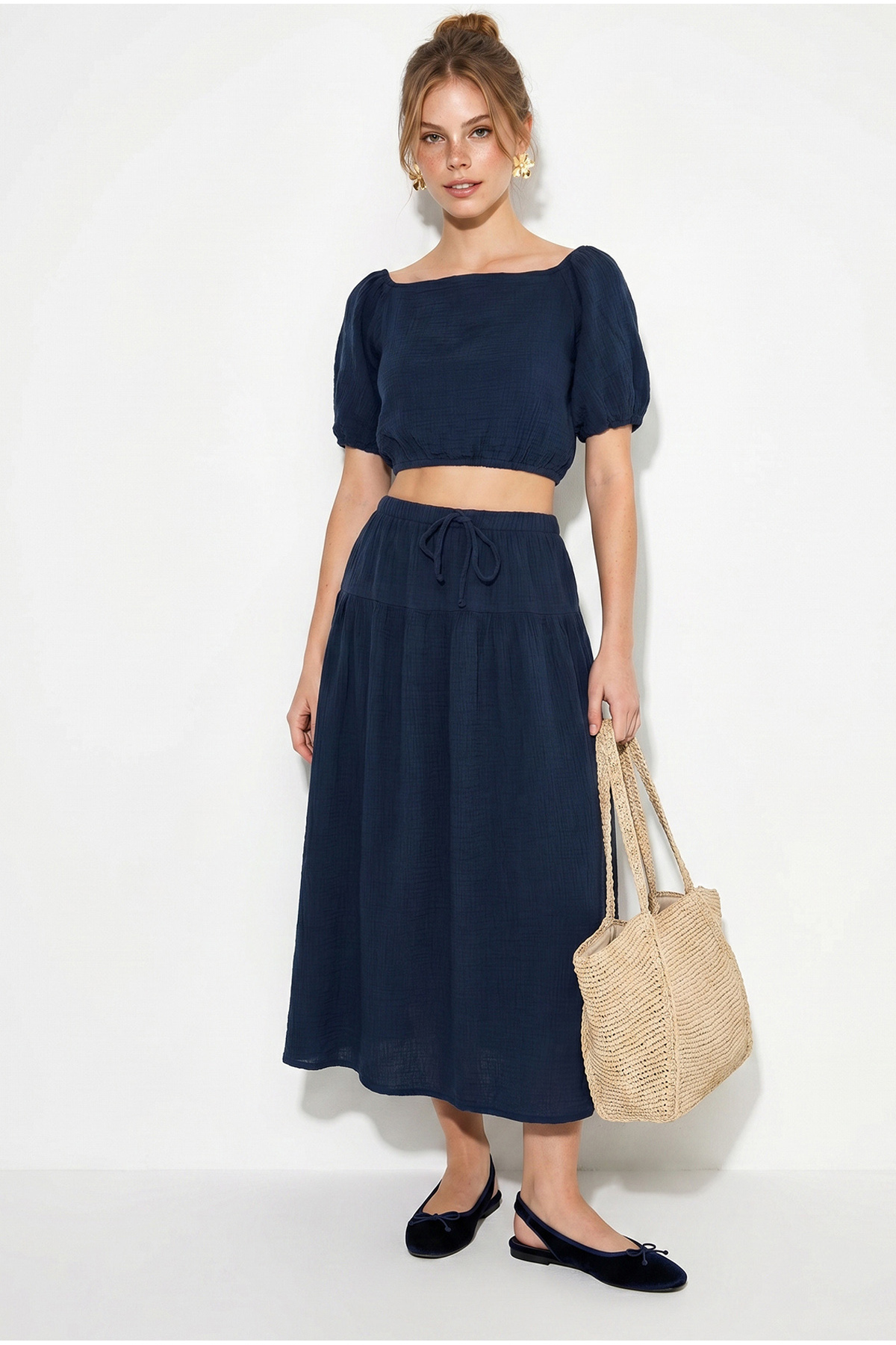 Women's Balloon Sleeve Crop Blouse Tie Detailed Cotton Muslin Skirt Set YC2728 60286287