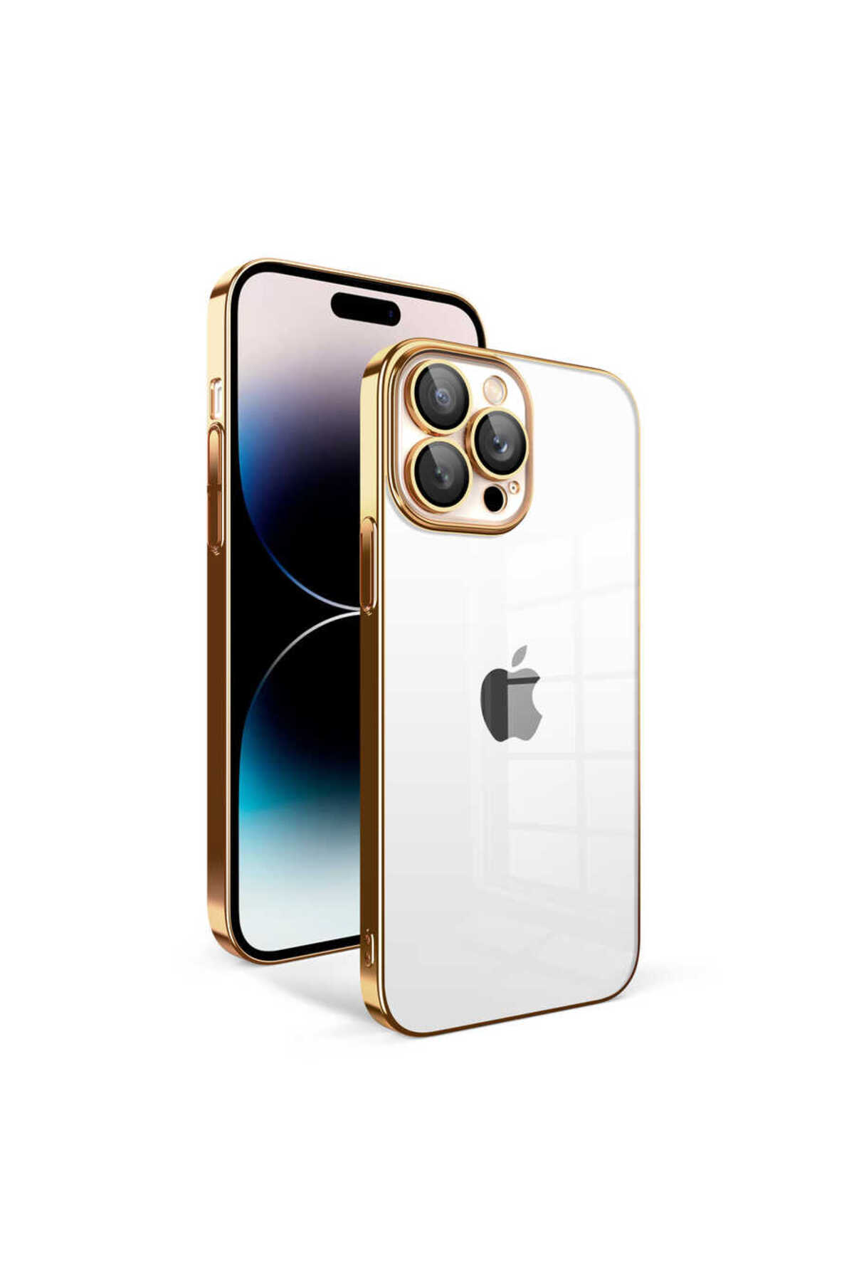 iPhone 14 Pro Uyumlu Kamera Korumalı Renkli Çerçeveli HNZM Garaj Kılıf-Gold