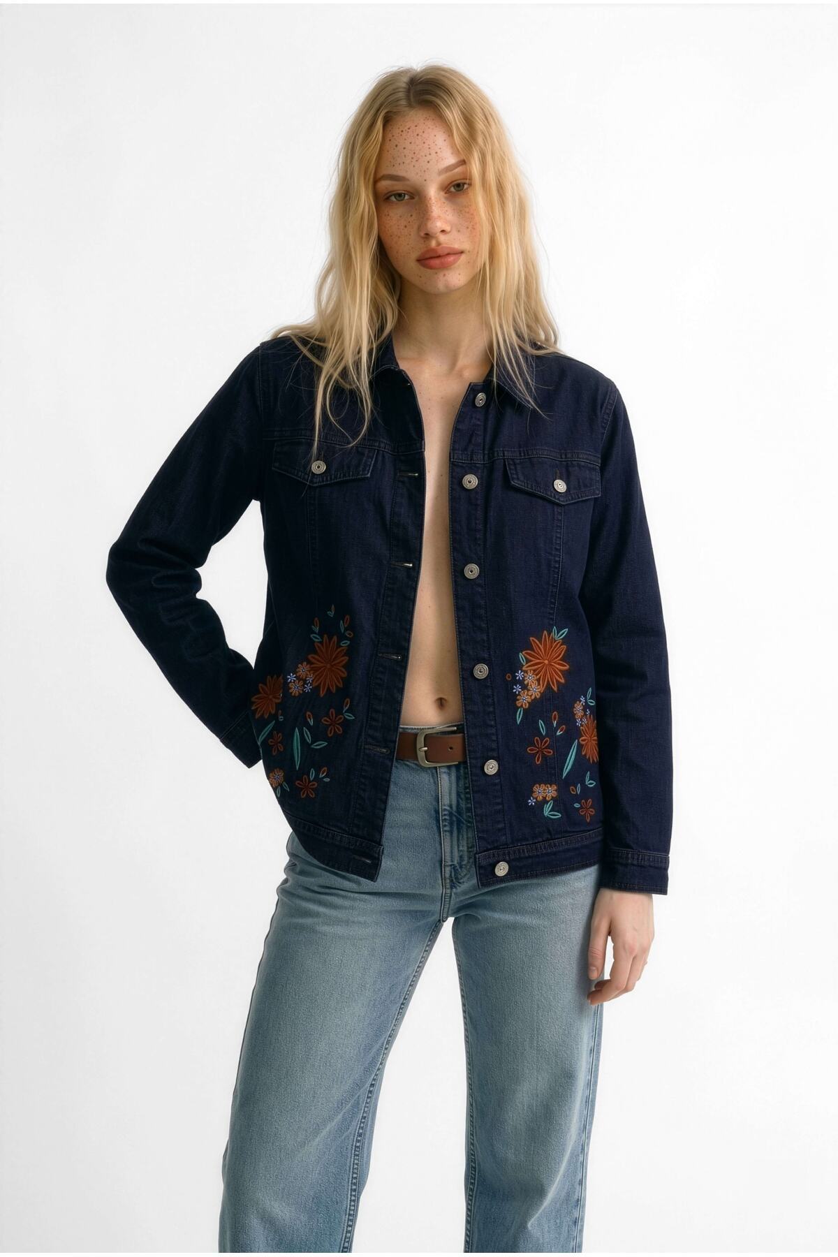 blue white Women's Indigo Floral Embroidered Buttoned Lycra Jean Jacket