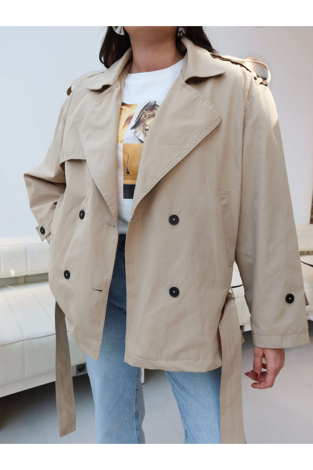 ESRAHELVACI EH Collection Kemerli Vatkalı Trench Ceket görsel 6