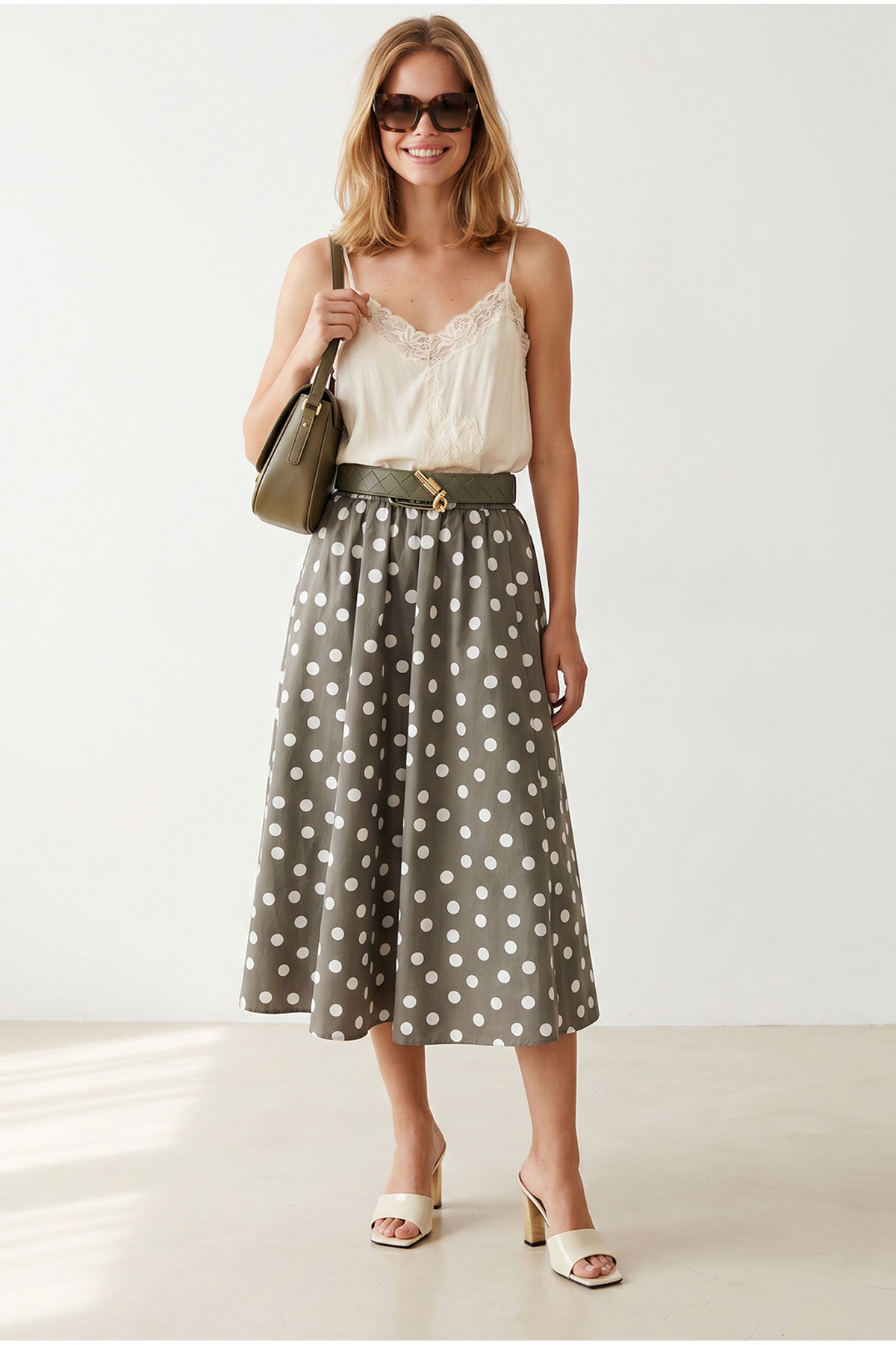Women's Polka Dot Khaki Elastic Waist Parachute Bell Skirt ETK-19000280