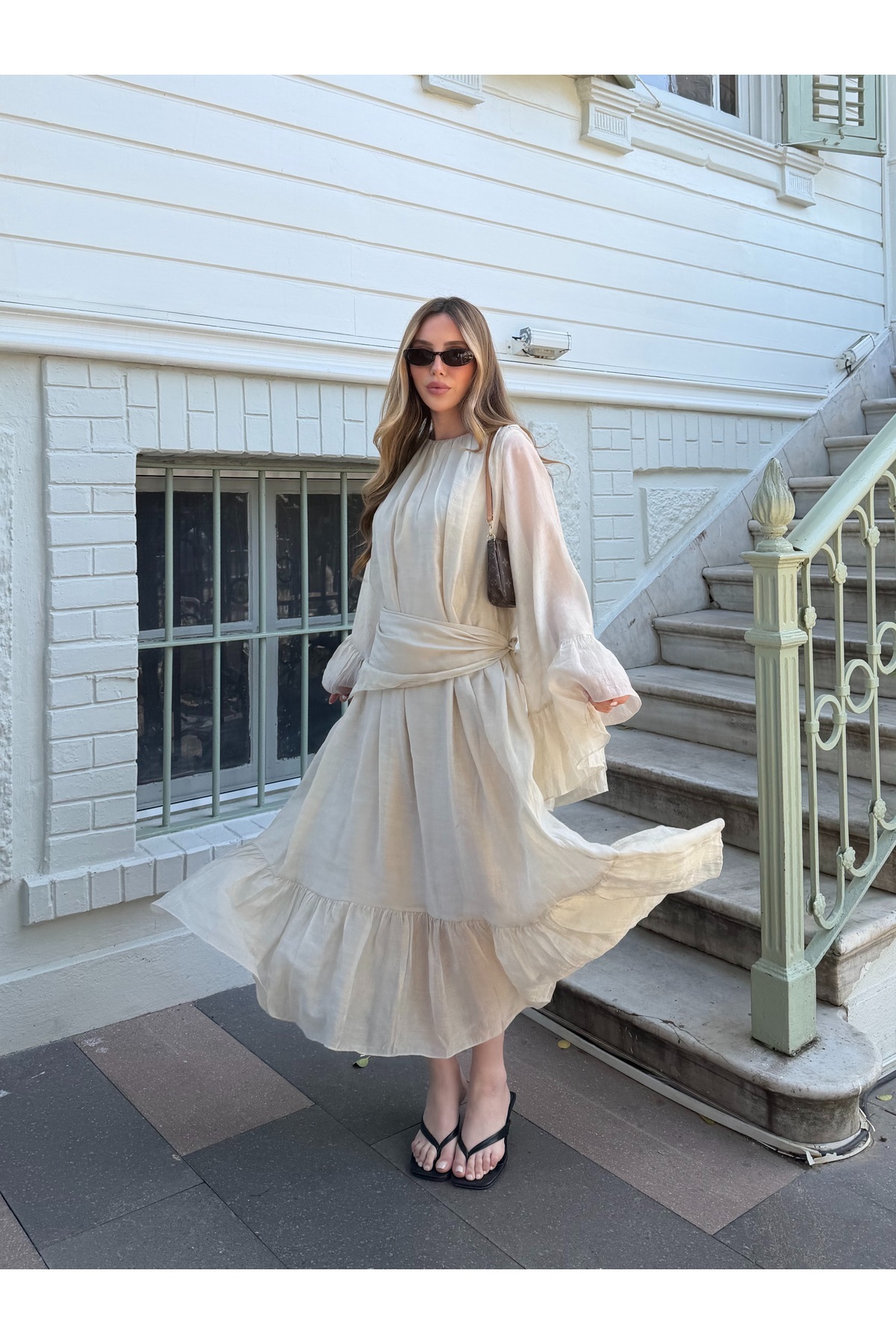 Laluvia Beige Shawl Drawstring Dress - 3404