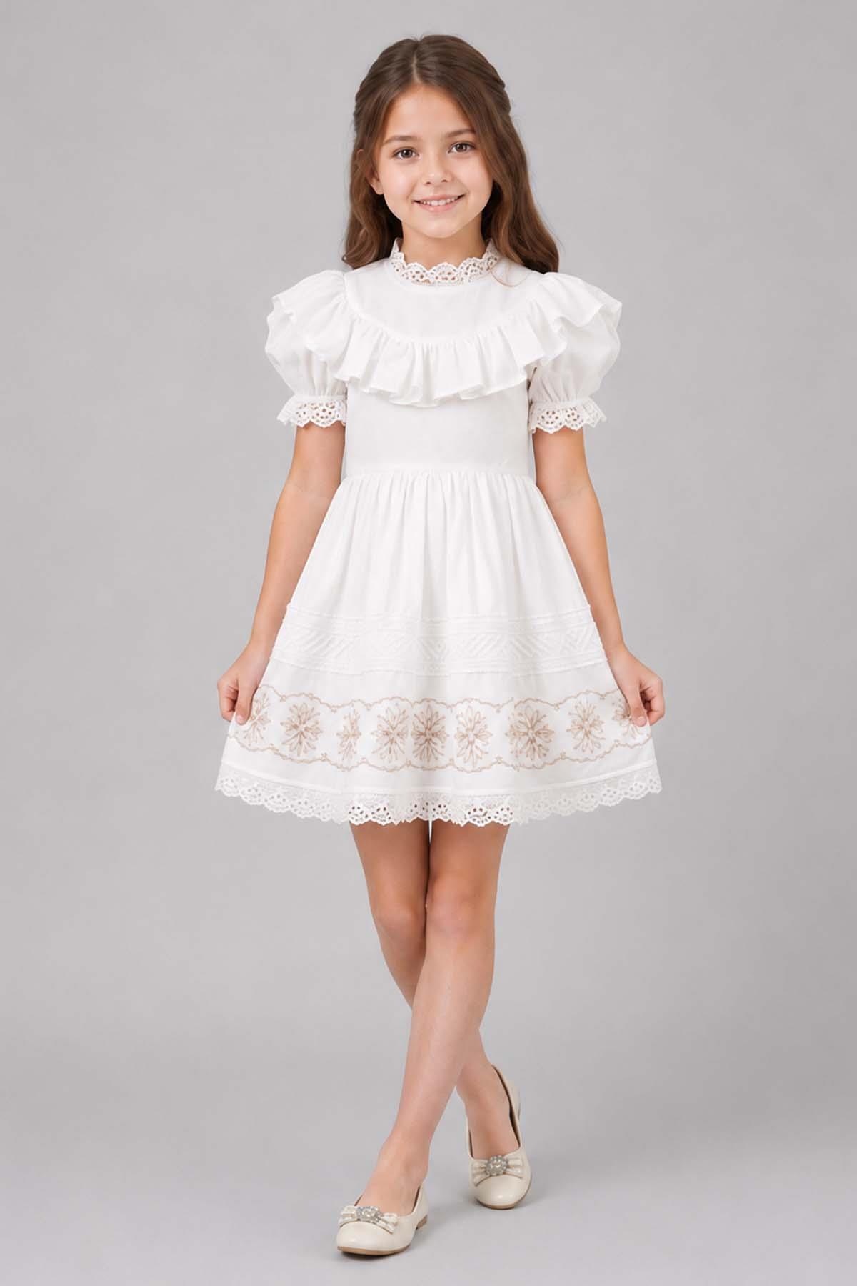 Girl White Dress with Lace Embroidered Neck and Sleeve, Ruffled Chest, Striped Hem