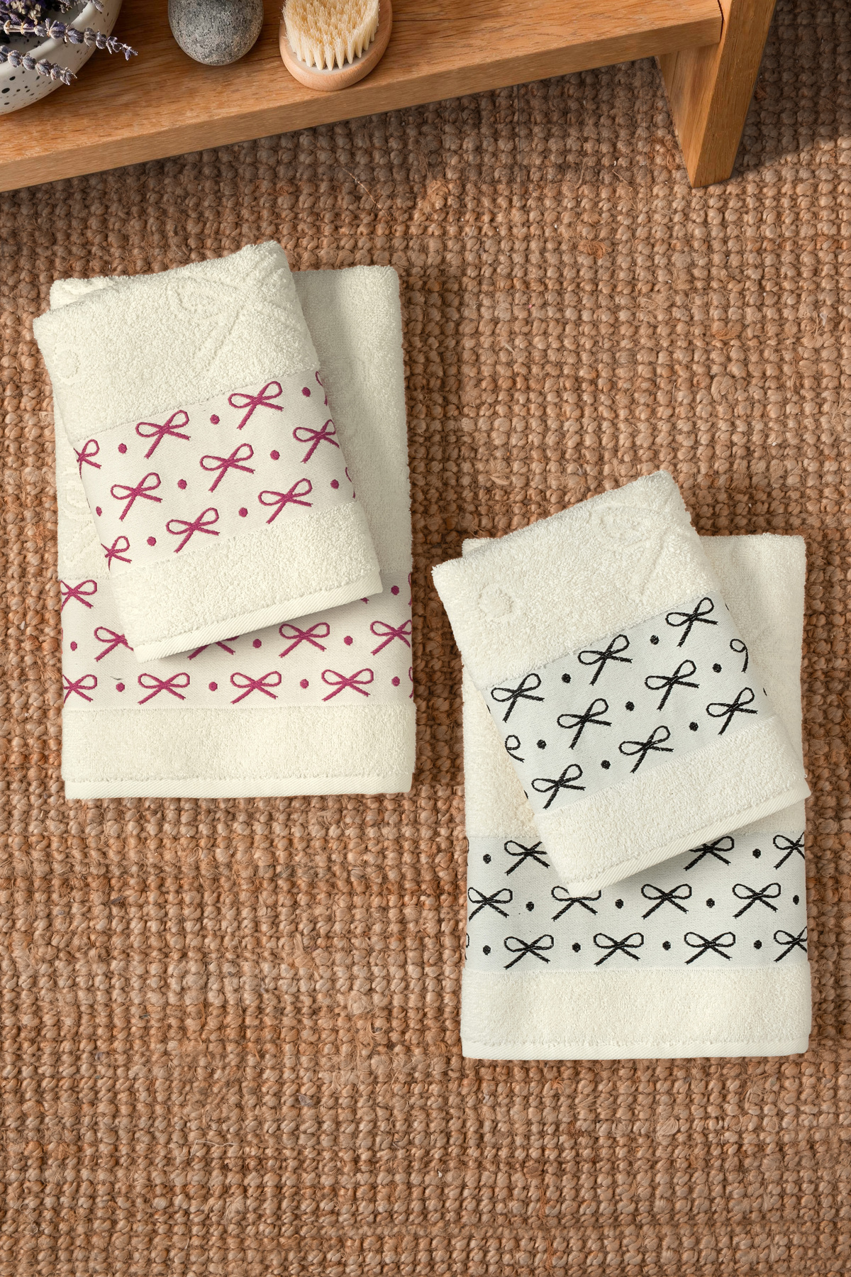 4-Piece Bowknot Embroidered-Jacquard Towel Set (2 Pieces 50x90 cm - 2 Pieces 70x140 cm) | Luxury Bath Towel Set | 100% Cotton