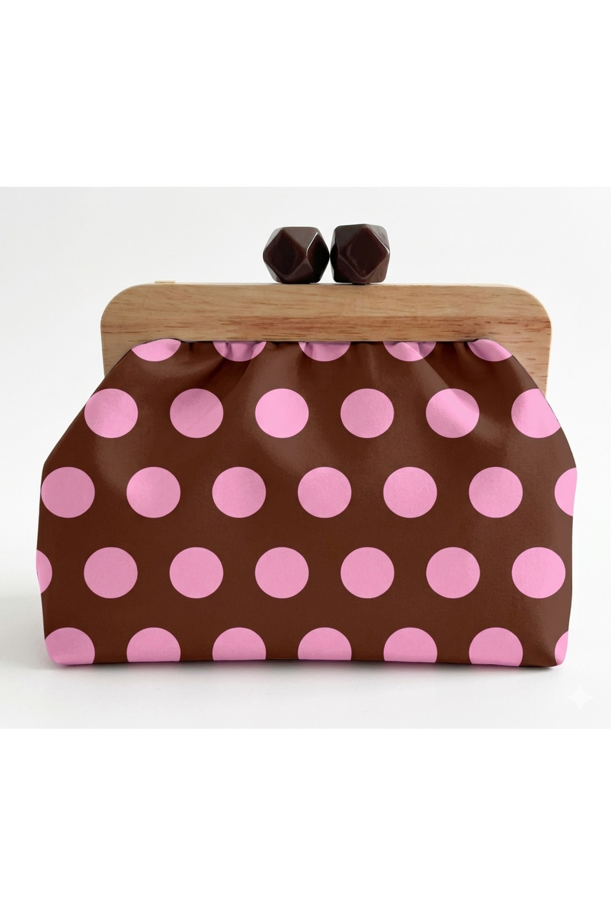 handedizayn Kahve Pembe Puantiyeli Ahşap Burslu Zincir Askılı Clutch Omuz Çantası