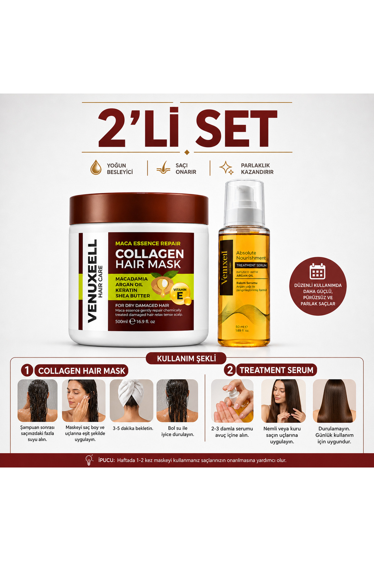 Kolajen Saç Bakım Seti Saç Maskesi 500 ml + Argan Yağlı Onarıcı Serum 50 ml Kuru Yıpranmış Saçlar İçin — beyazsaç2liset — تصویر 2 از 2