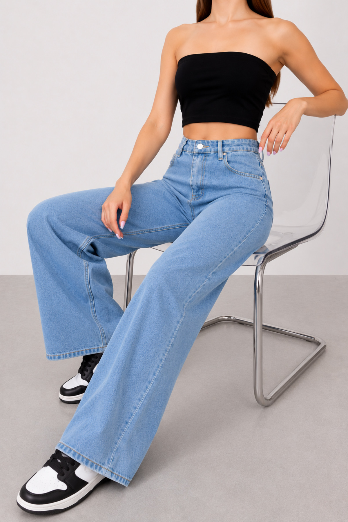Lighter Jeans Açık Mavi Likralı Wide Leg Palazzo Jean Yüksek Bel Bol Paça Kadın Pantolon