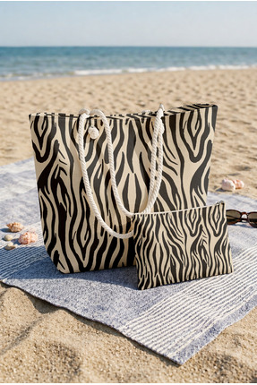 Miami Beach Zebra Desenli Krem Rengi Geniş Hacimli Plaj Çantası ve El Çantası