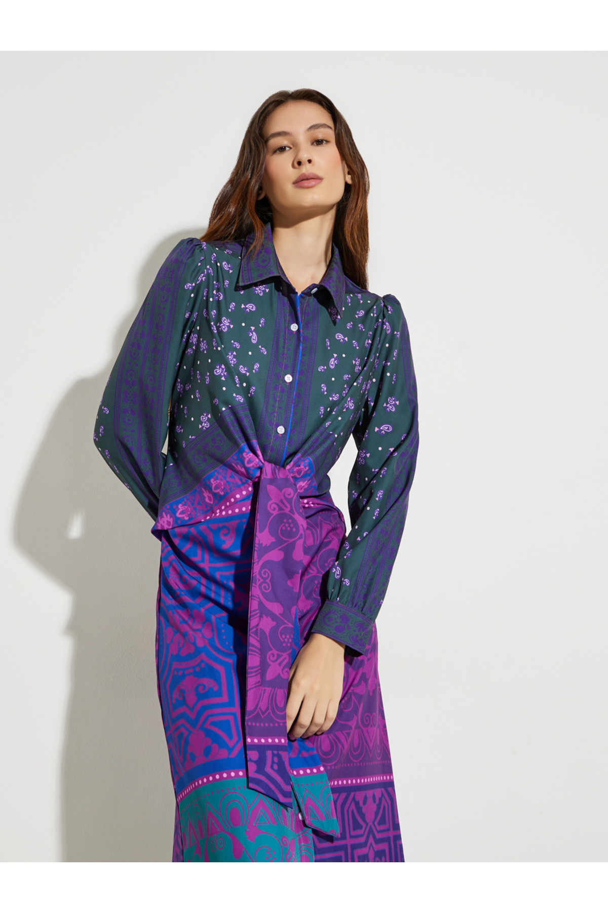 Take Two By Styli Purple All Over Print Tie-Waist Midi Dress