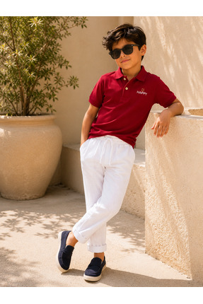tinytrends Erkek Çocuk Kırmızı Polo Yaka Tişört Beyaz Keten Görünümlü Pantolo...