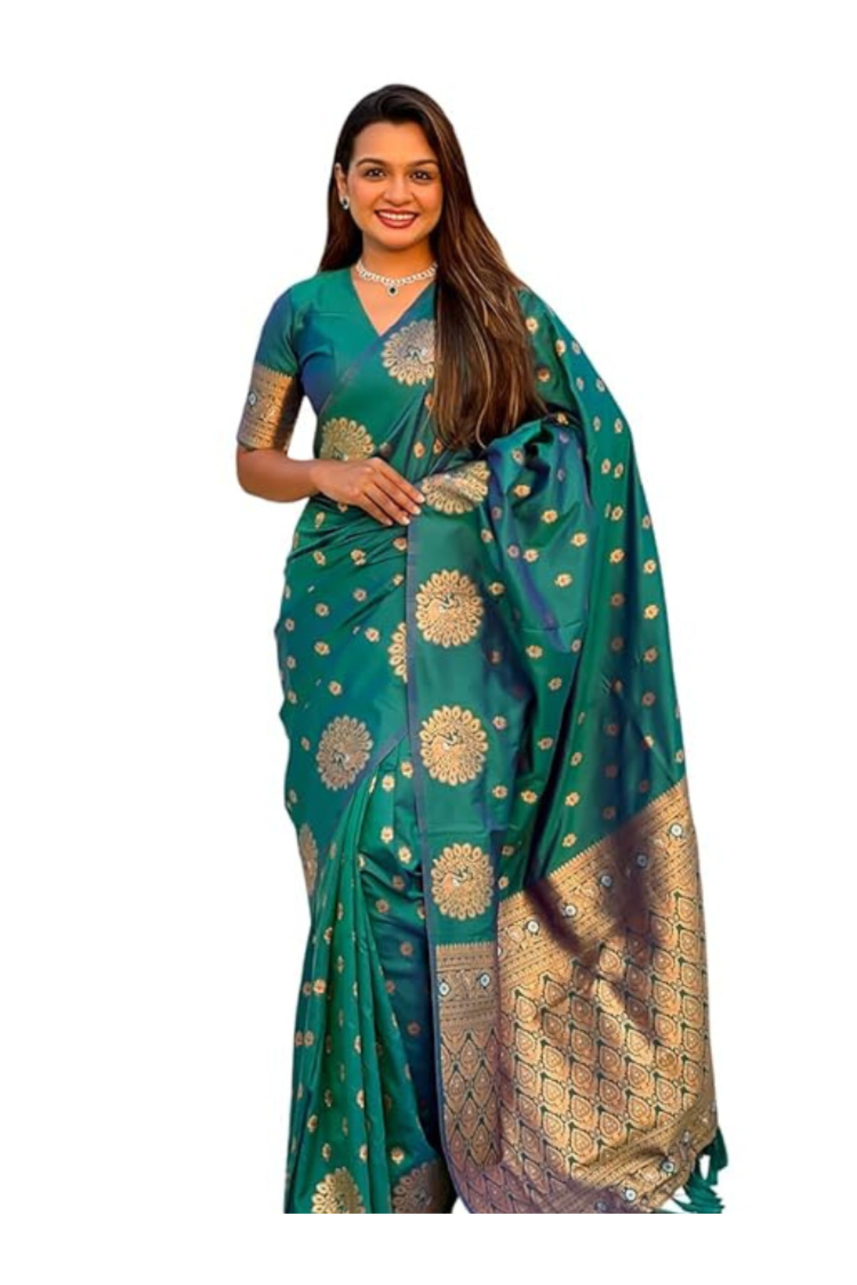 MYSMAR Teal & Gold Moonga Silk Saree with Zari Motifs - KTZ0000 | Blue
