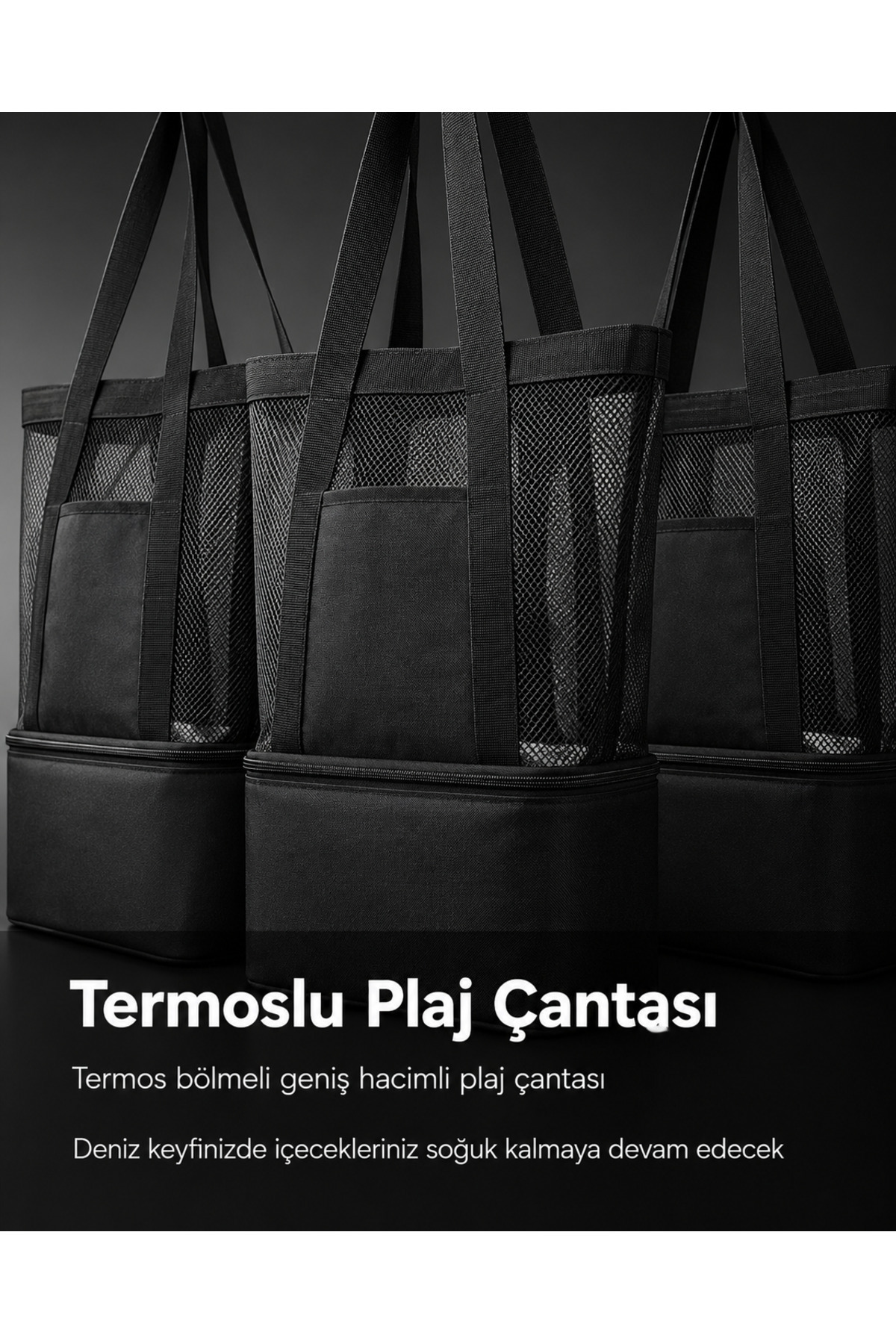 Moda West Termoslu Plaj Çantası Büyük Boy Geniş Hacimli Fileli Termal Sıcak Soğuk Korumalı Deniz Piknik Kamp Çantası görsel 6