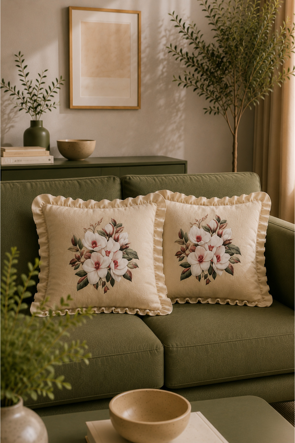 2-Piece Frilly Magnolia Patterned Pillowcase 100% Cotton Decorative Pillowcase 45x45 cm