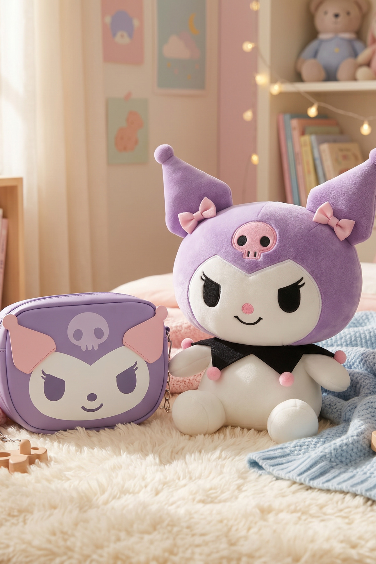 Toyzoy Toys Kuromi Peluş Oyuncak 40 cm + Deri Çanta - Şık & Hediye