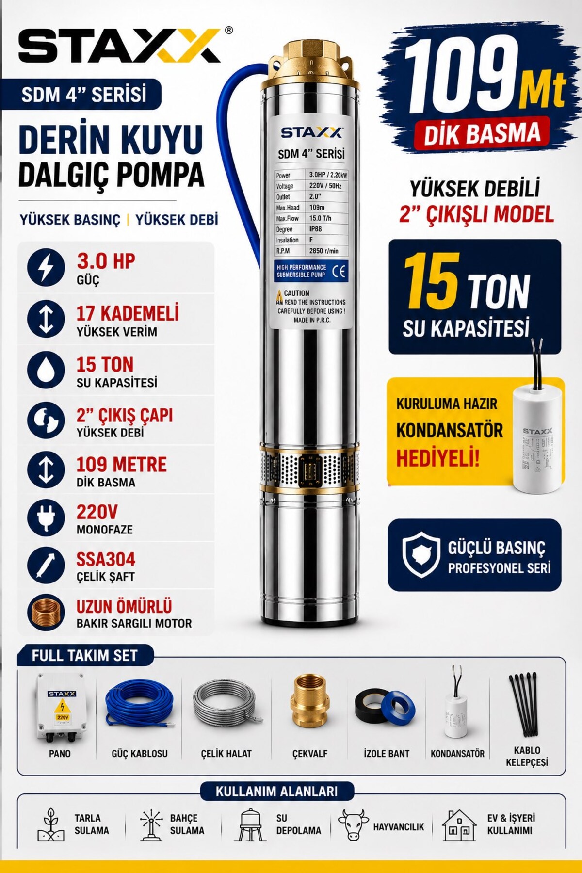 STAXX POWER 4SDM8/17 3HP Derin Kuyu Dalgıç Pompa Seti 109 Metre Dik Basma 15 Ton Su Kapasiteli 2'' Çıkışlı 220V