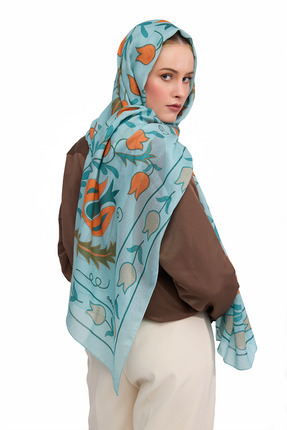 ŞALLOVES TENCEL NATURE Şal Lale Etnik Desen - Turkuaz-Turuncu