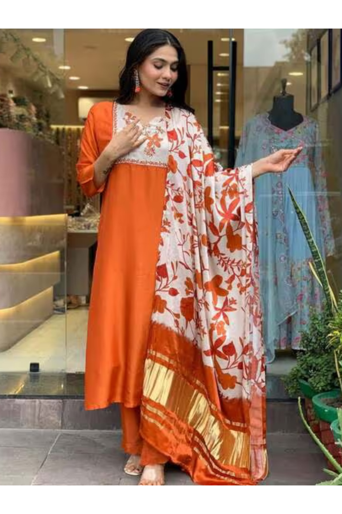 MYSMAR Orange Embroidered Kurta Suit Set with Printed Dupatta - TRT1167 | Orange